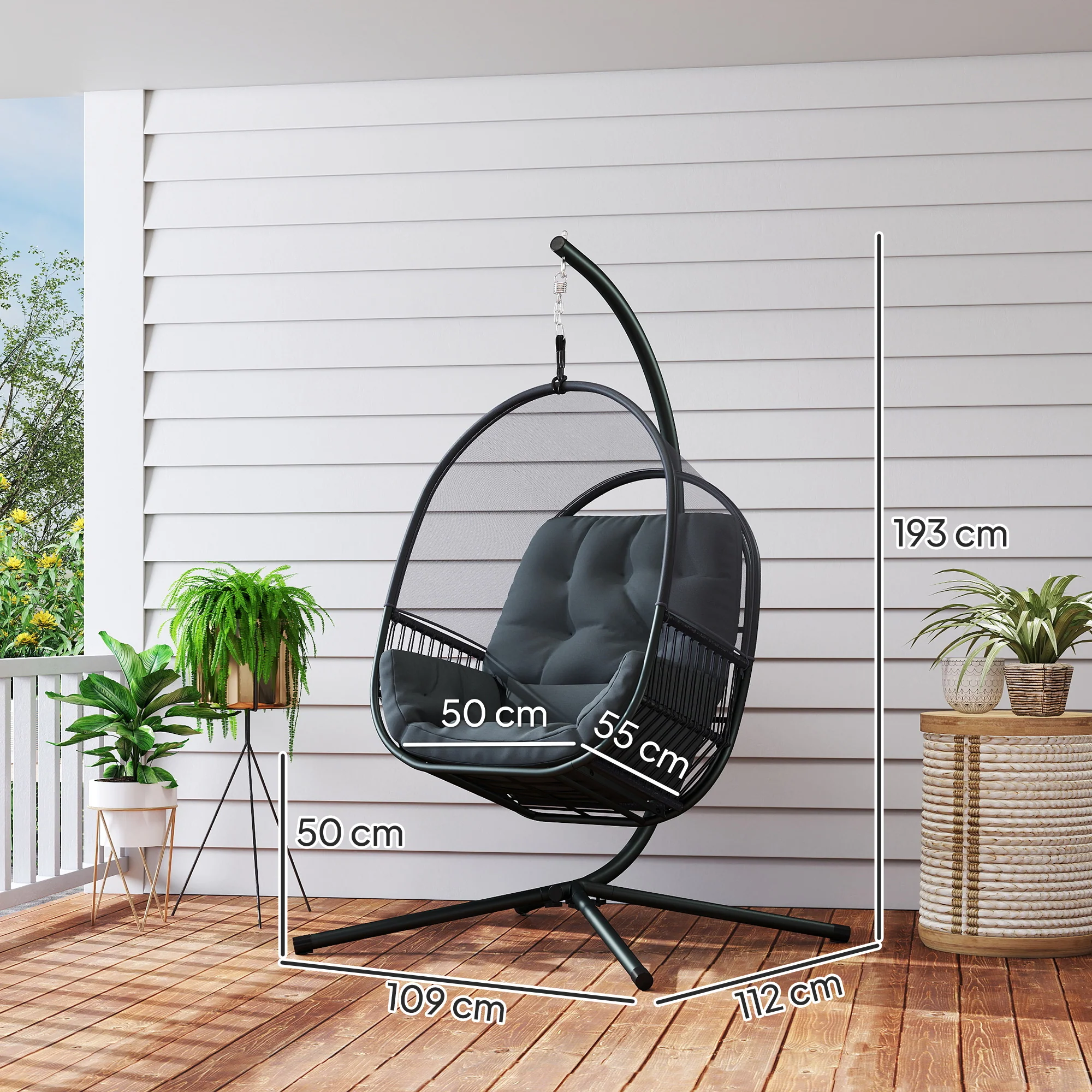 Hanging Egg Chair with Stand, Cushions & Lumbar Pillow, Dark Grey - Image 5