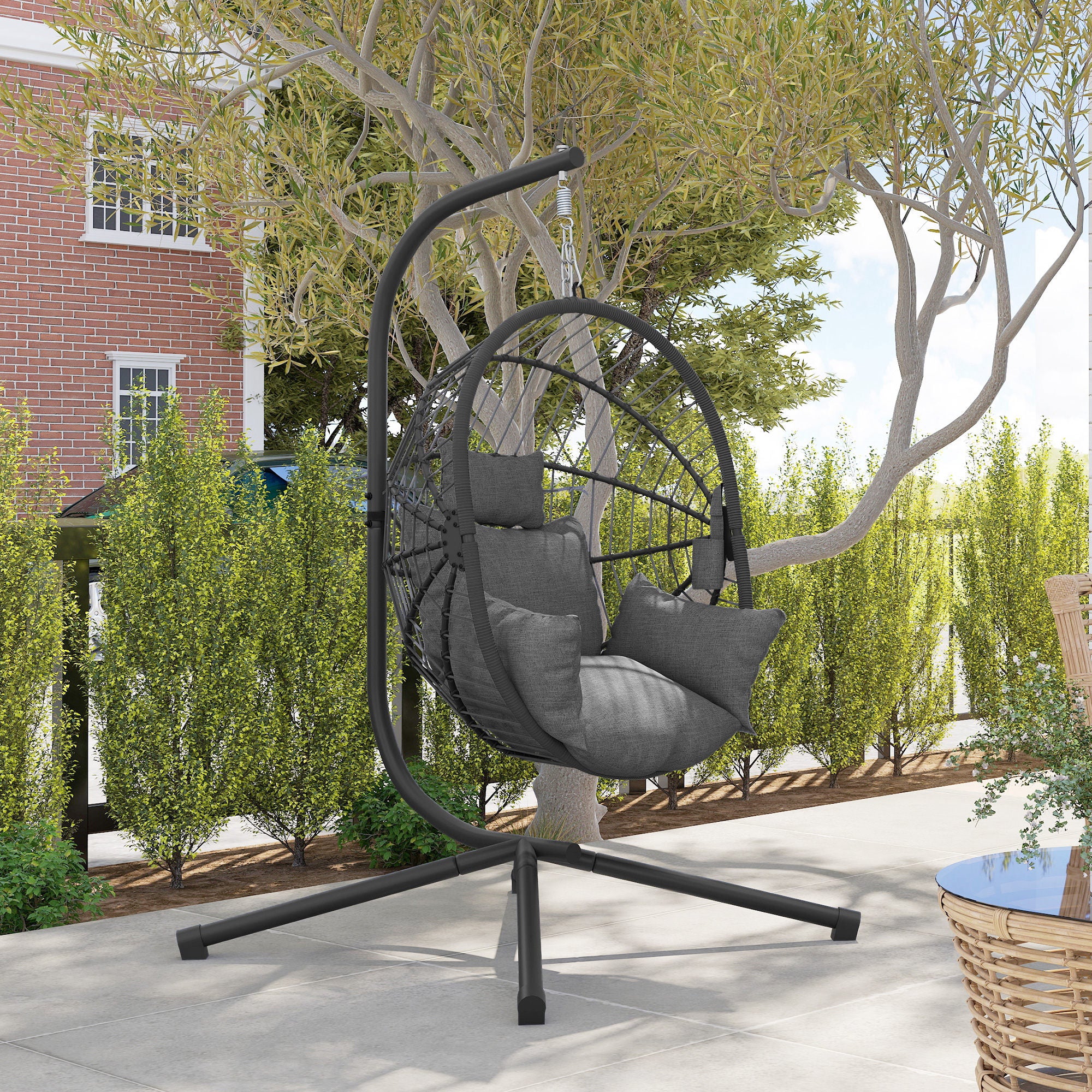 Hanging Egg Chair with Stand, Thick Cushion and Cup Holder, Grey - Image 10