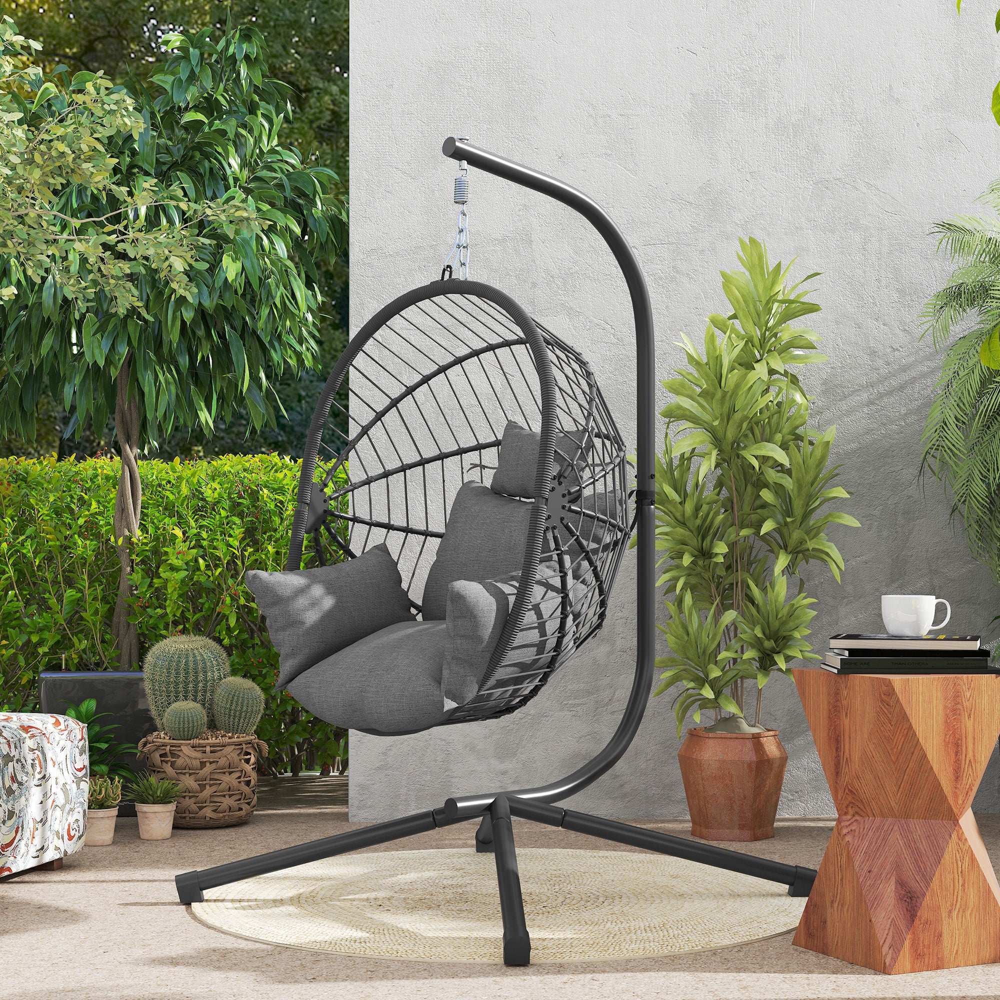 Hanging Egg Chair with Stand, Thick Cushion and Cup Holder, Grey - Image 11