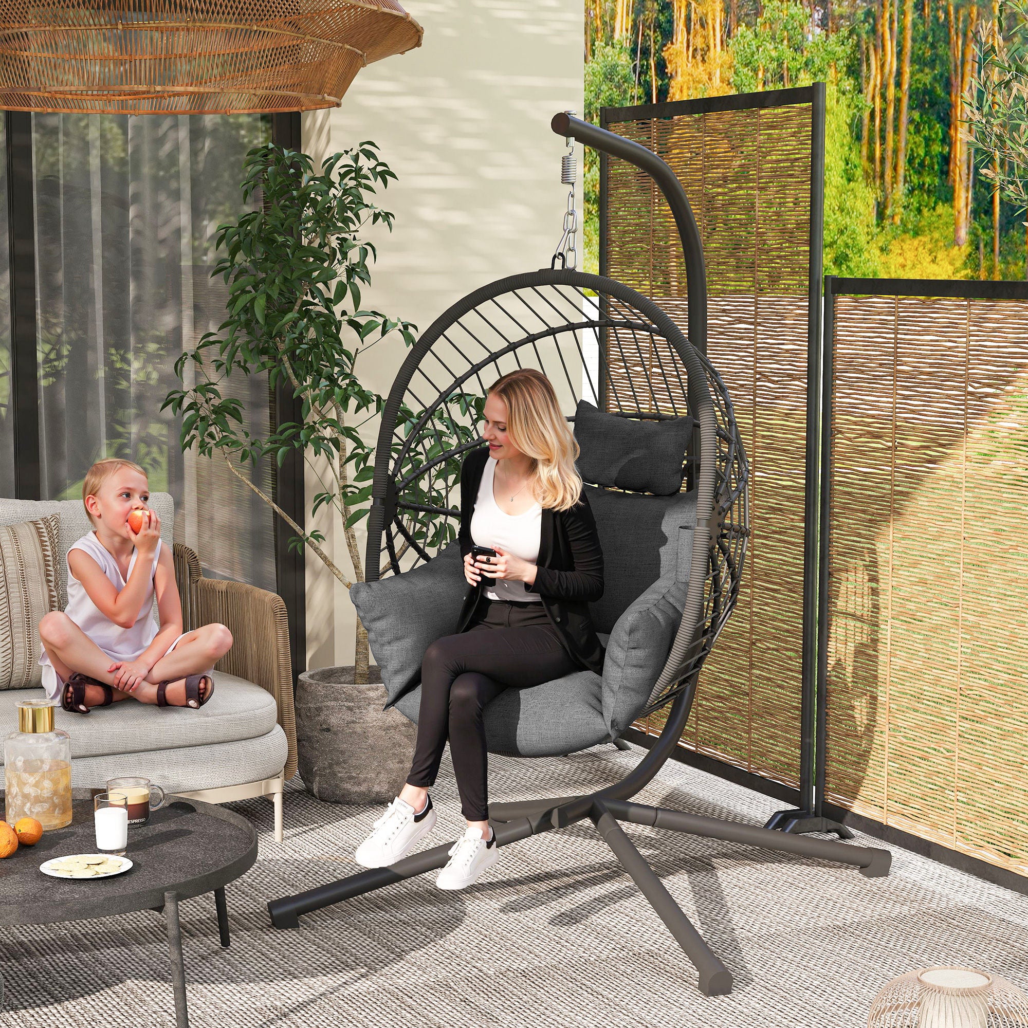 Hanging Egg Chair with Stand, Thick Cushion and Cup Holder, Grey - Image 3