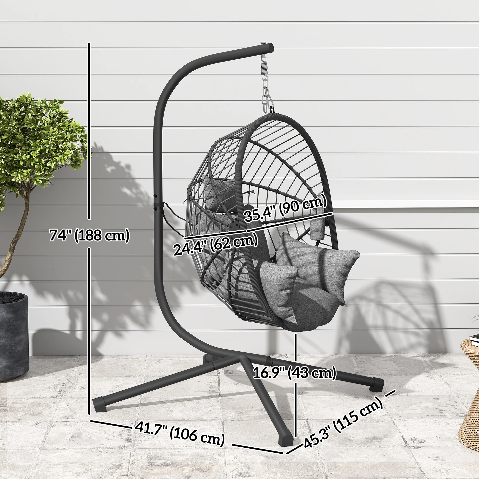 Hanging Egg Chair with Stand, Thick Cushion and Cup Holder, Grey - Image 5