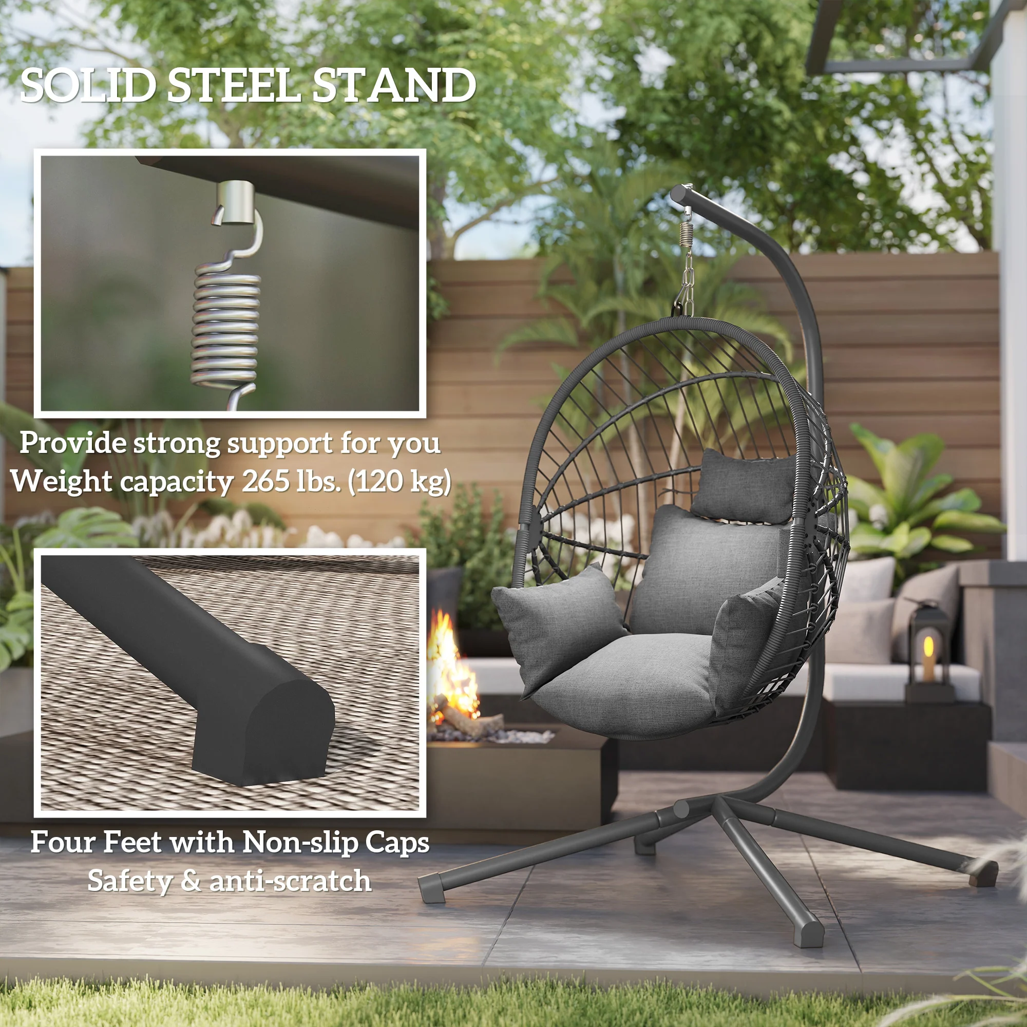 Hanging Egg Chair with Stand, Thick Cushion and Cup Holder, Grey - Image 6