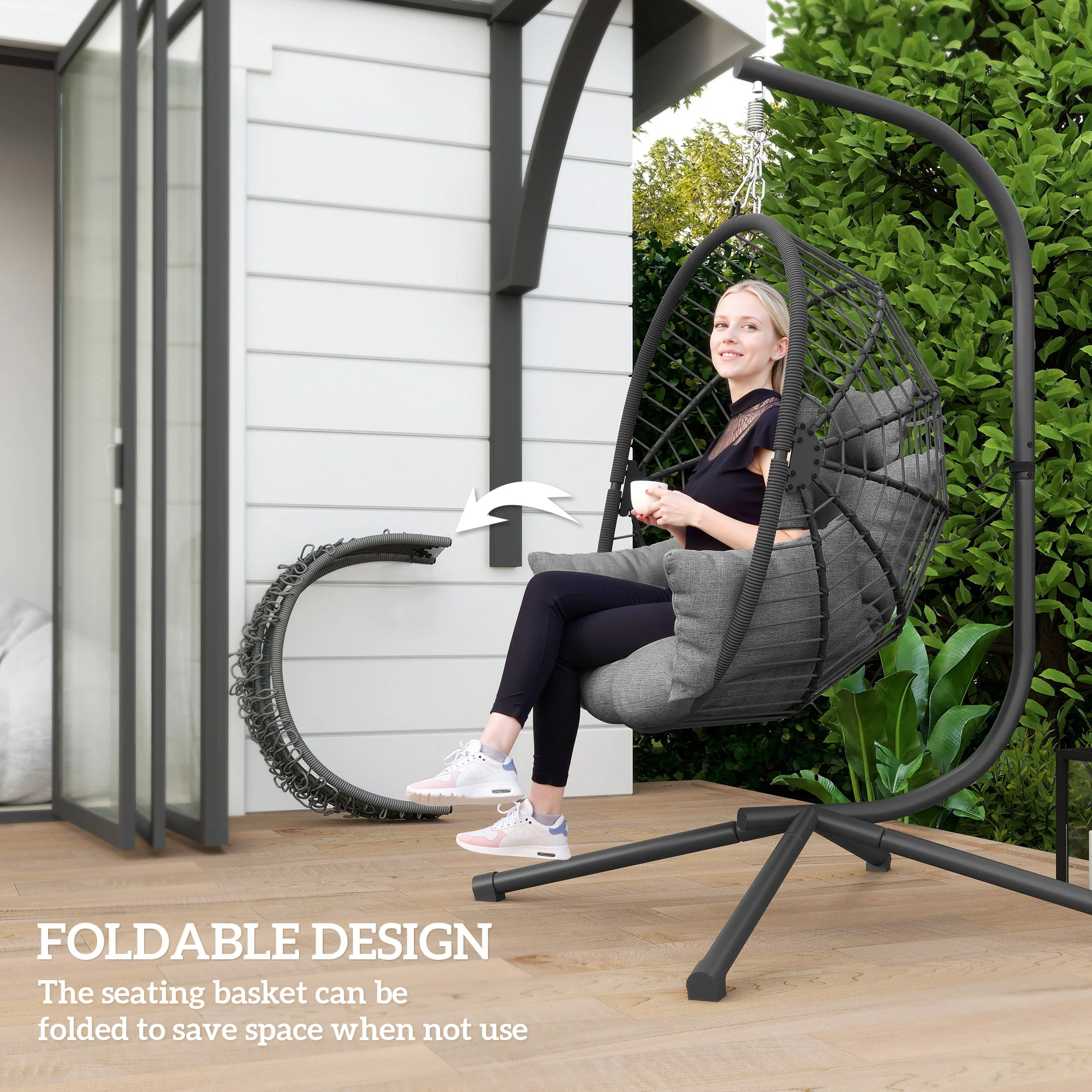 Hanging Egg Chair with Stand, Thick Cushion and Cup Holder, Grey - Image 7