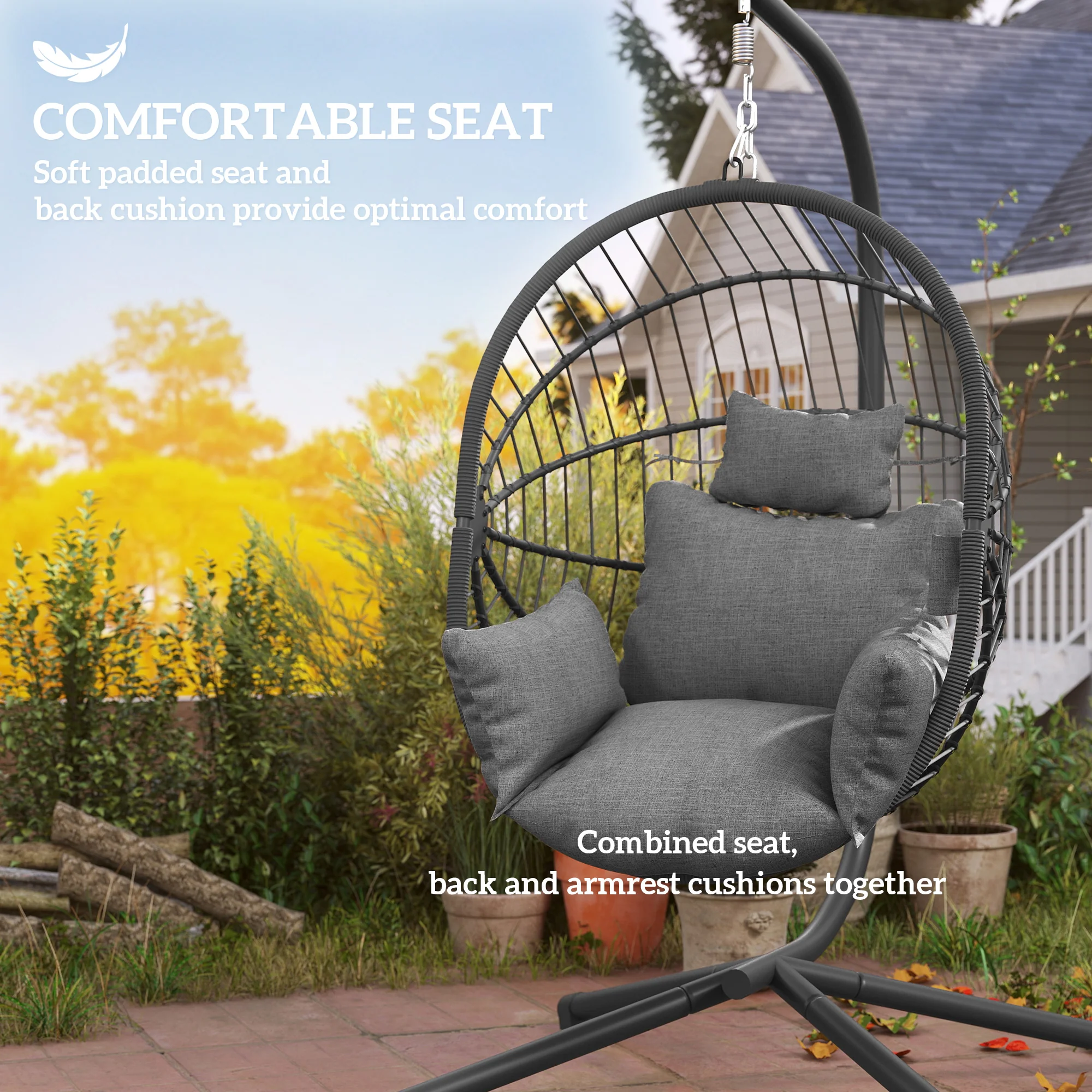 Hanging Egg Chair with Stand, Thick Cushion and Cup Holder, Grey - Image 8