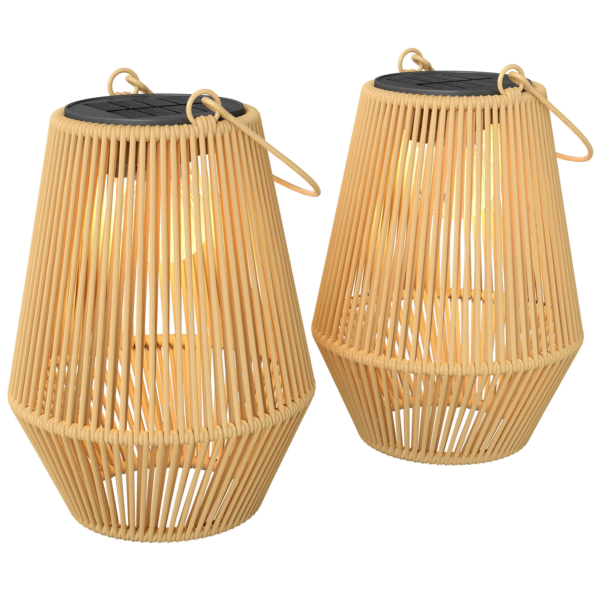 2 Pack Hanging Solar Rattan Lanterns with Auto On/Off, Brown