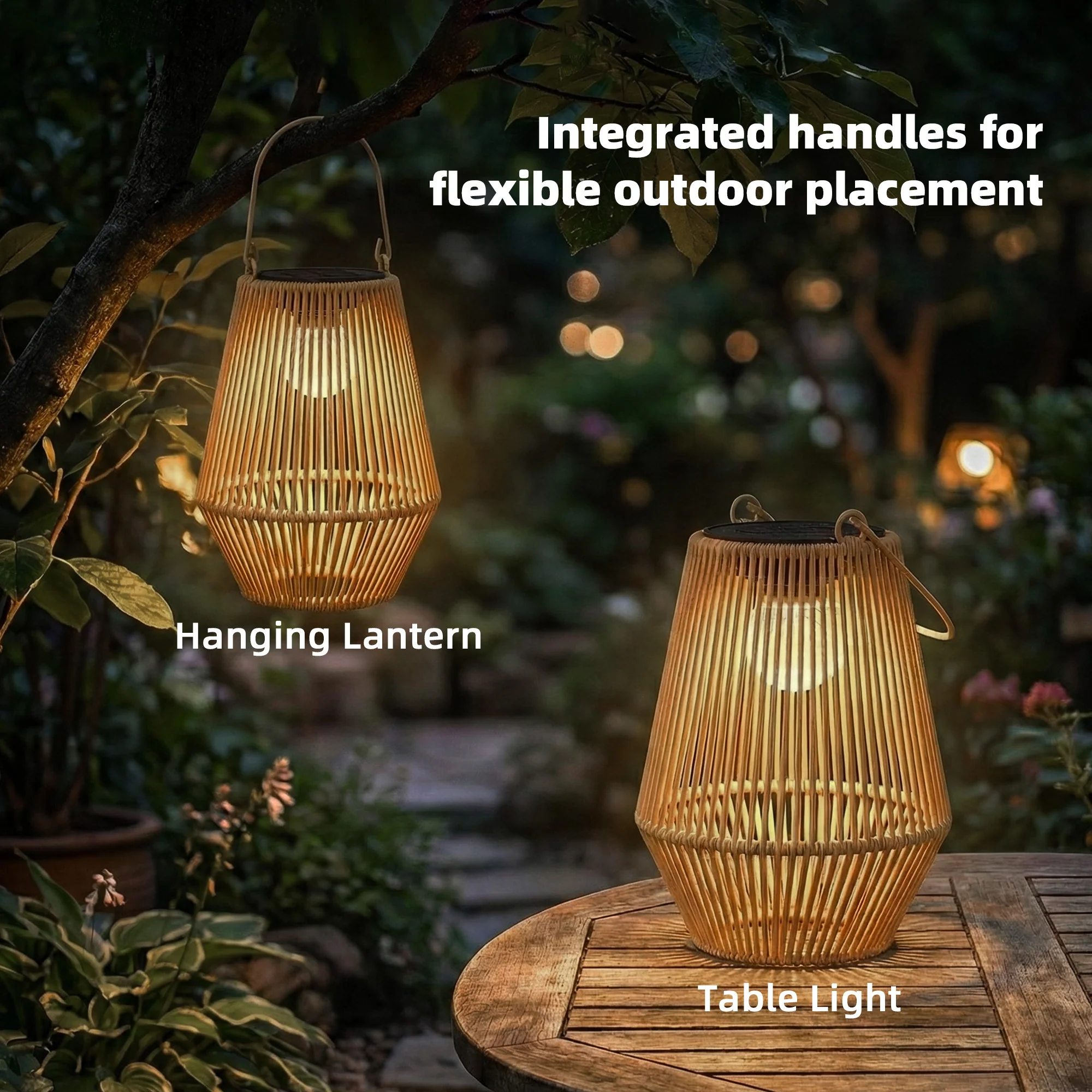 2 Pack Hanging Solar Rattan Lanterns with Auto On/Off, Brown - Image 10