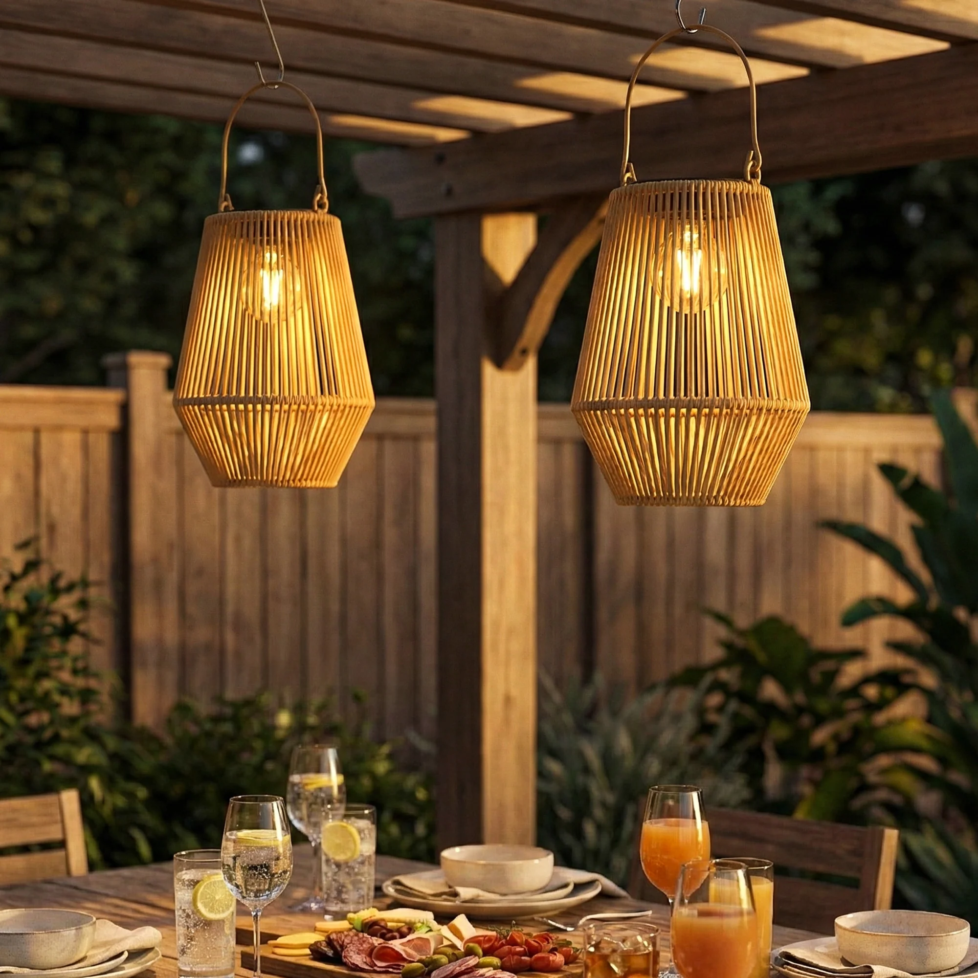 2 Pack Hanging Solar Rattan Lanterns with Auto On/Off, Brown - Image 11