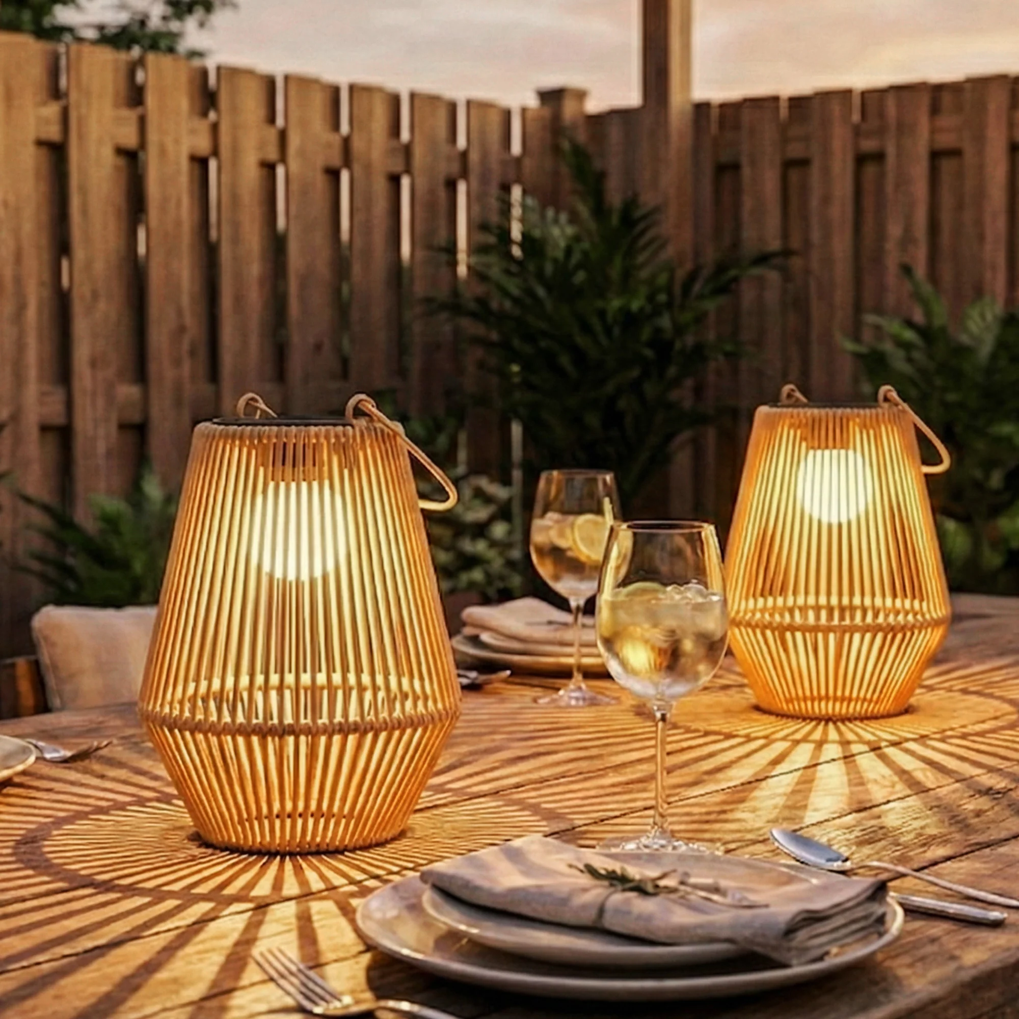 2 Pack Hanging Solar Rattan Lanterns with Auto On/Off, Brown - Image 3
