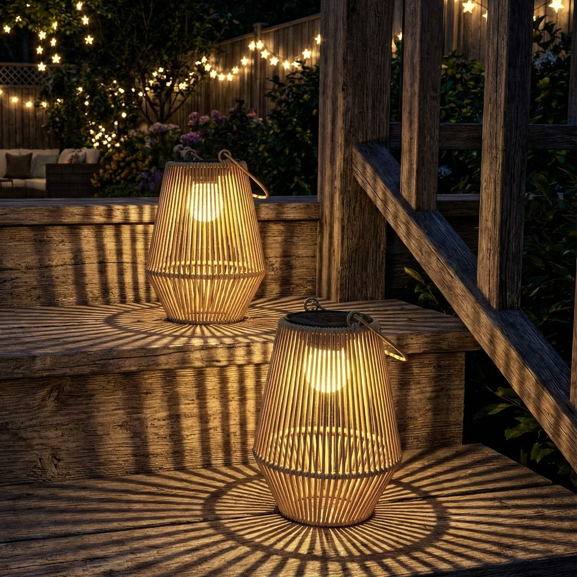 2 Pack Hanging Solar Rattan Lanterns with Auto On/Off, Brown - Image 4
