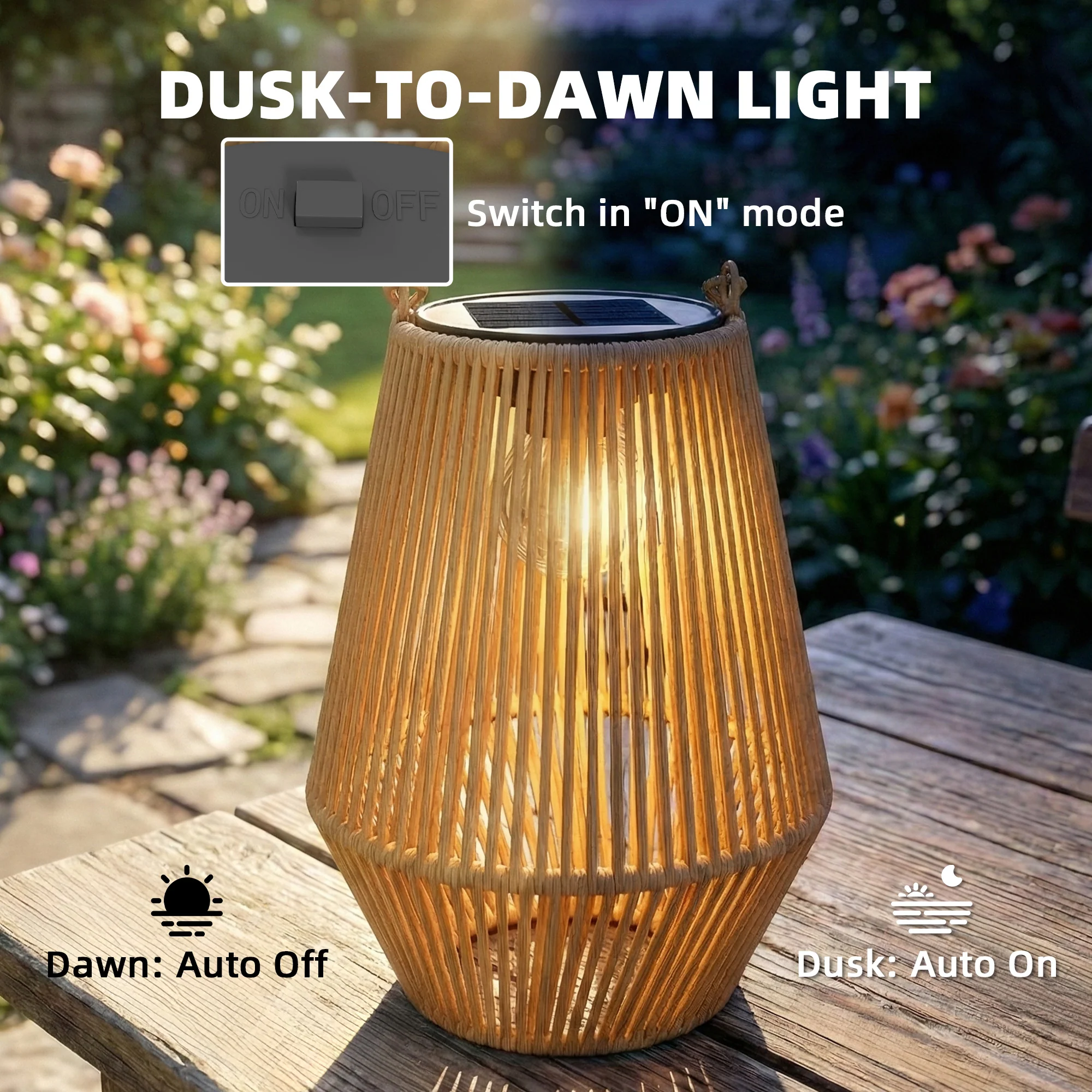 2 Pack Hanging Solar Rattan Lanterns with Auto On/Off, Brown - Image 7