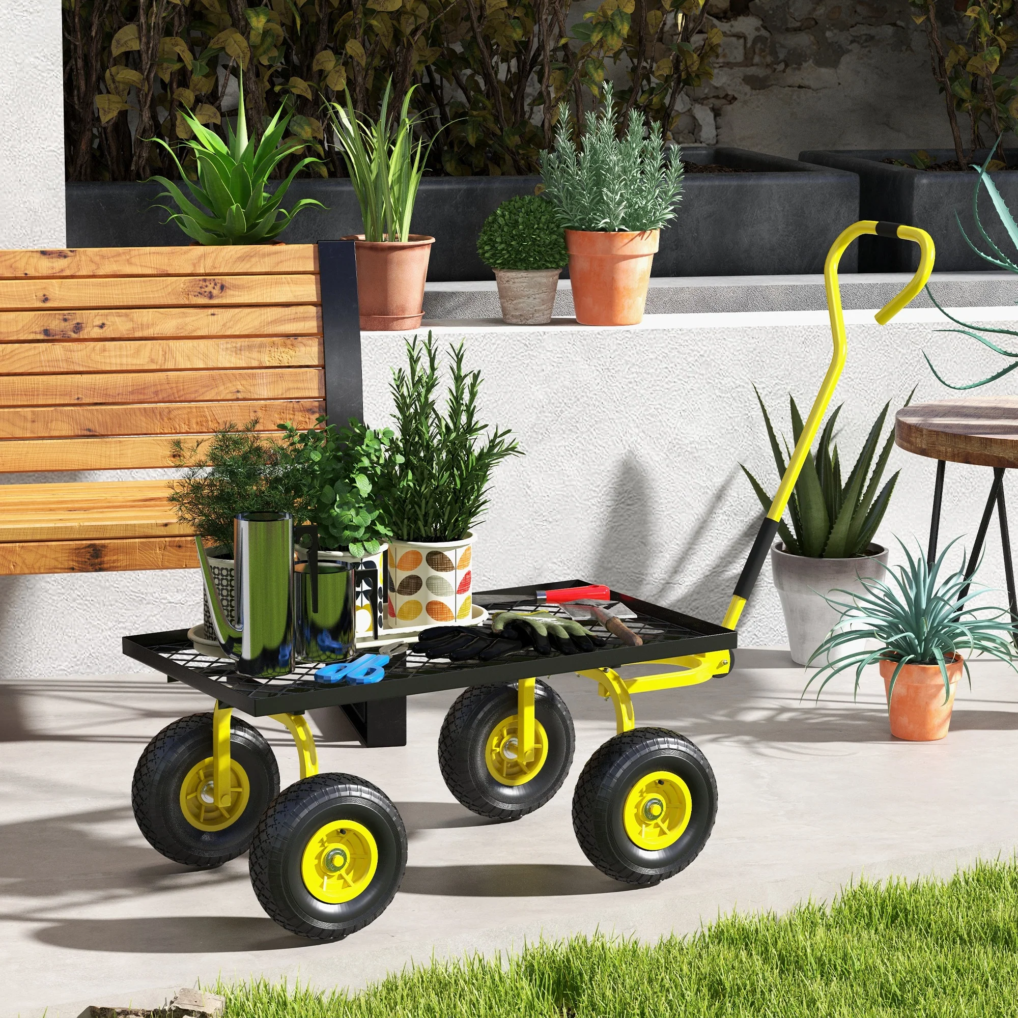 Heavy Duty Garden Wagon with 10" Wheels and Rotating Handle, 330 lb Capacity, Yellow - Image 9
