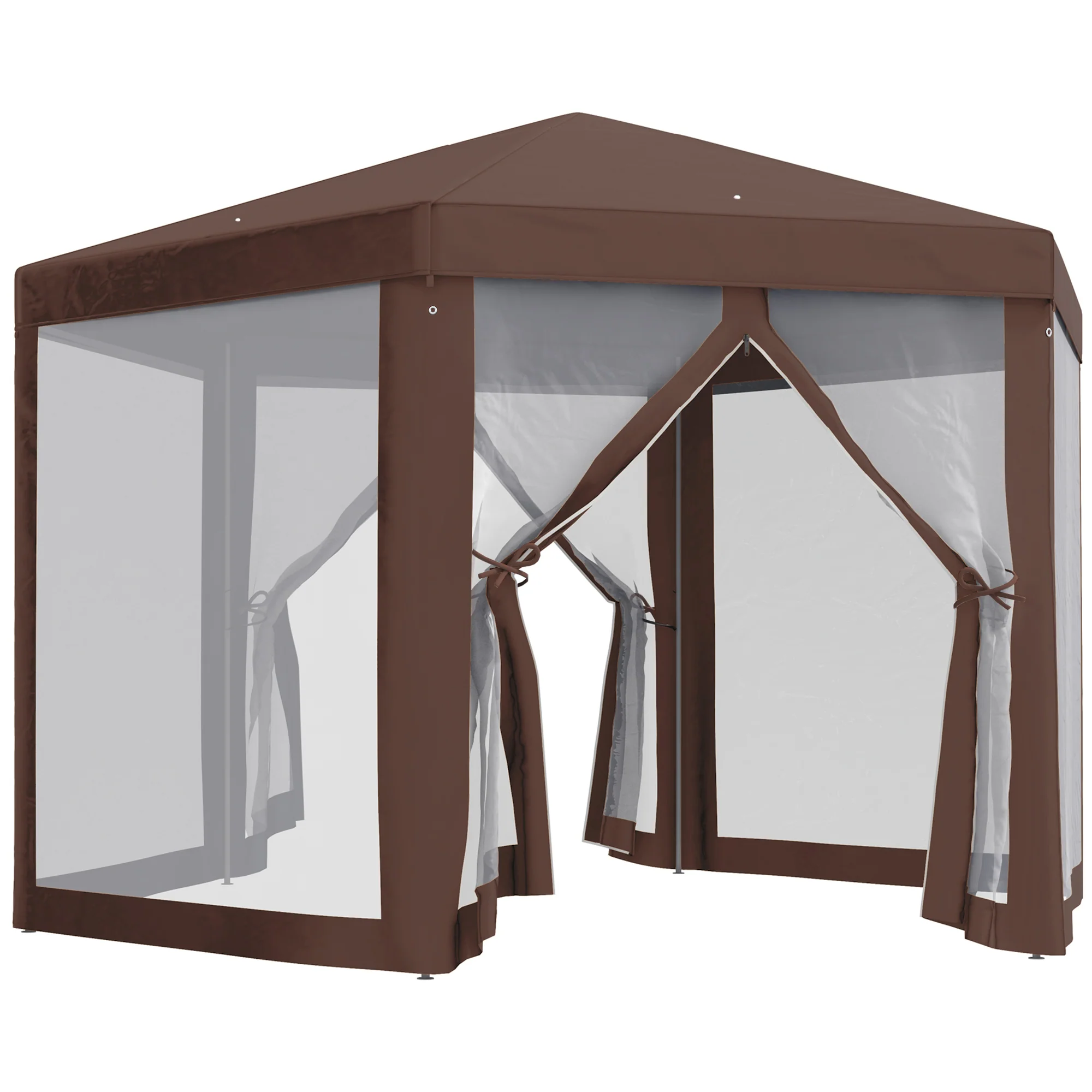 Hexagonal Gazebo Party Tent, Sun Shelter with Mosquito Netting & Zipped Door, Brown