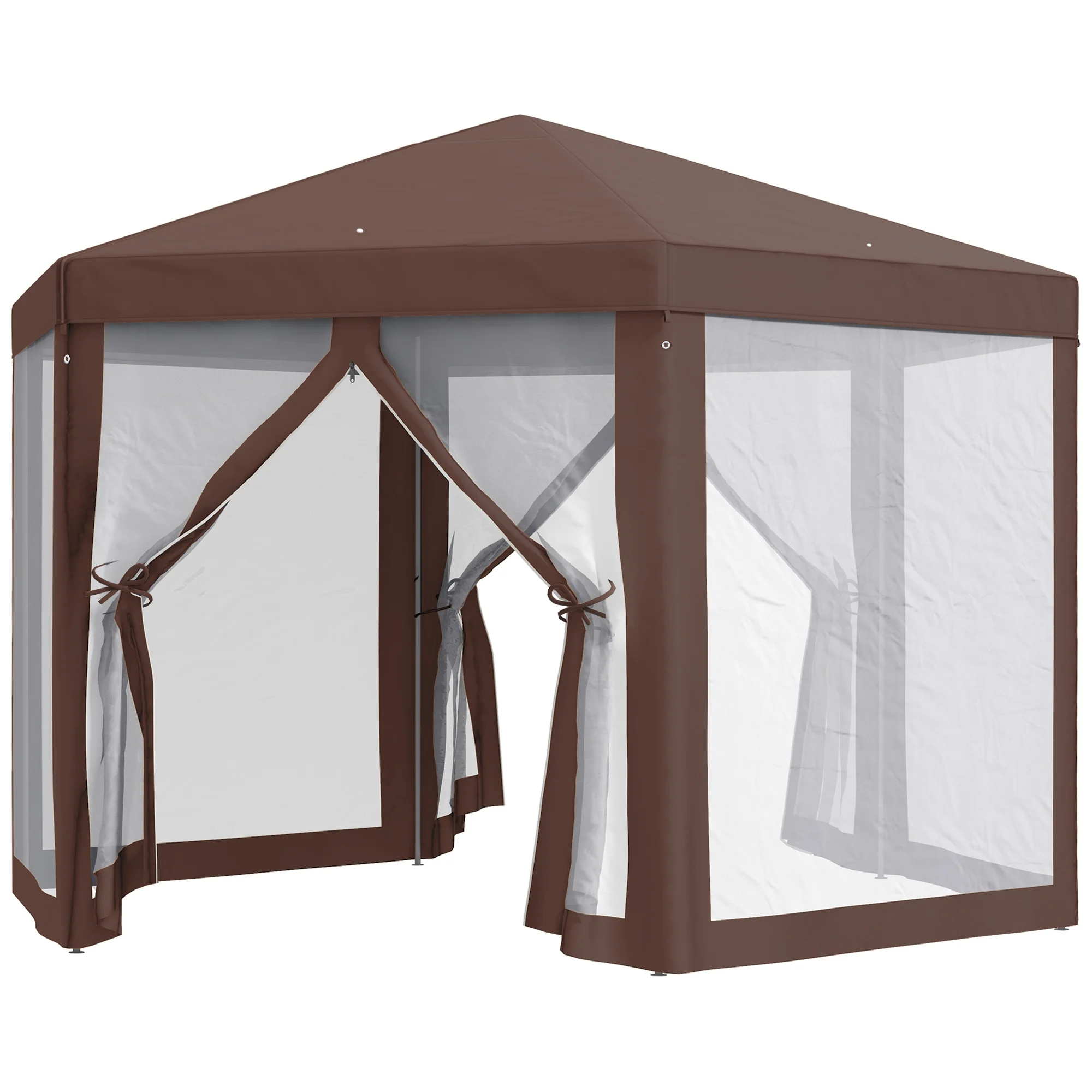 Hexagonal Gazebo Party Tent, Sun Shelter with Mosquito Netting & Zipped Door, Brown - Image 2