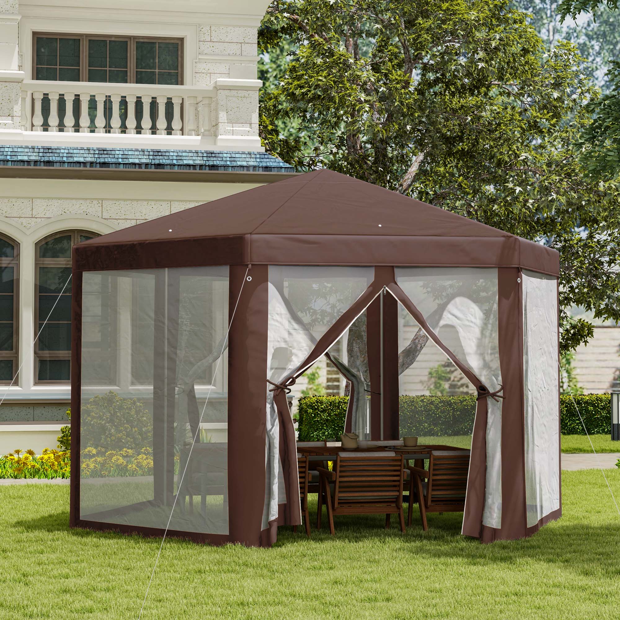 Hexagonal Gazebo Party Tent, Sun Shelter with Mosquito Netting & Zipped Door, Brown - Image 3