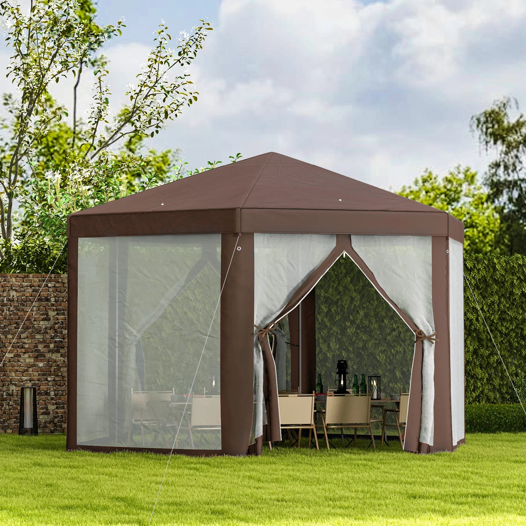 Hexagonal Gazebo Party Tent, Sun Shelter with Mosquito Netting & Zipped Door, Brown - Image 4