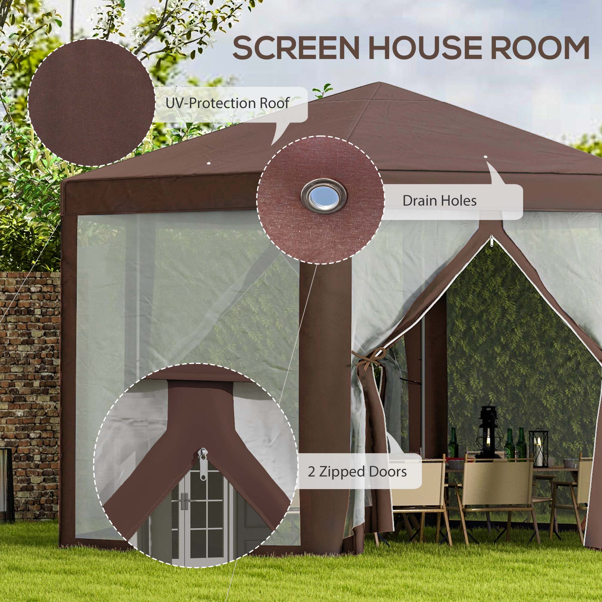 Hexagonal Gazebo Party Tent, Sun Shelter with Mosquito Netting & Zipped Door, Brown - Image 6