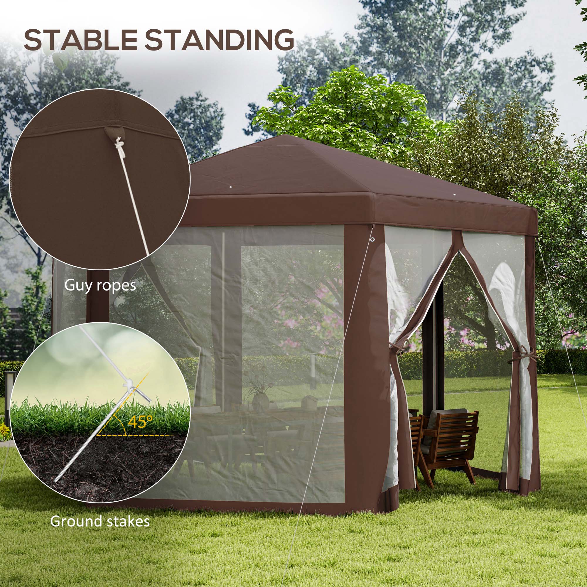 Hexagonal Gazebo Party Tent, Sun Shelter with Mosquito Netting & Zipped Door, Brown - Image 8