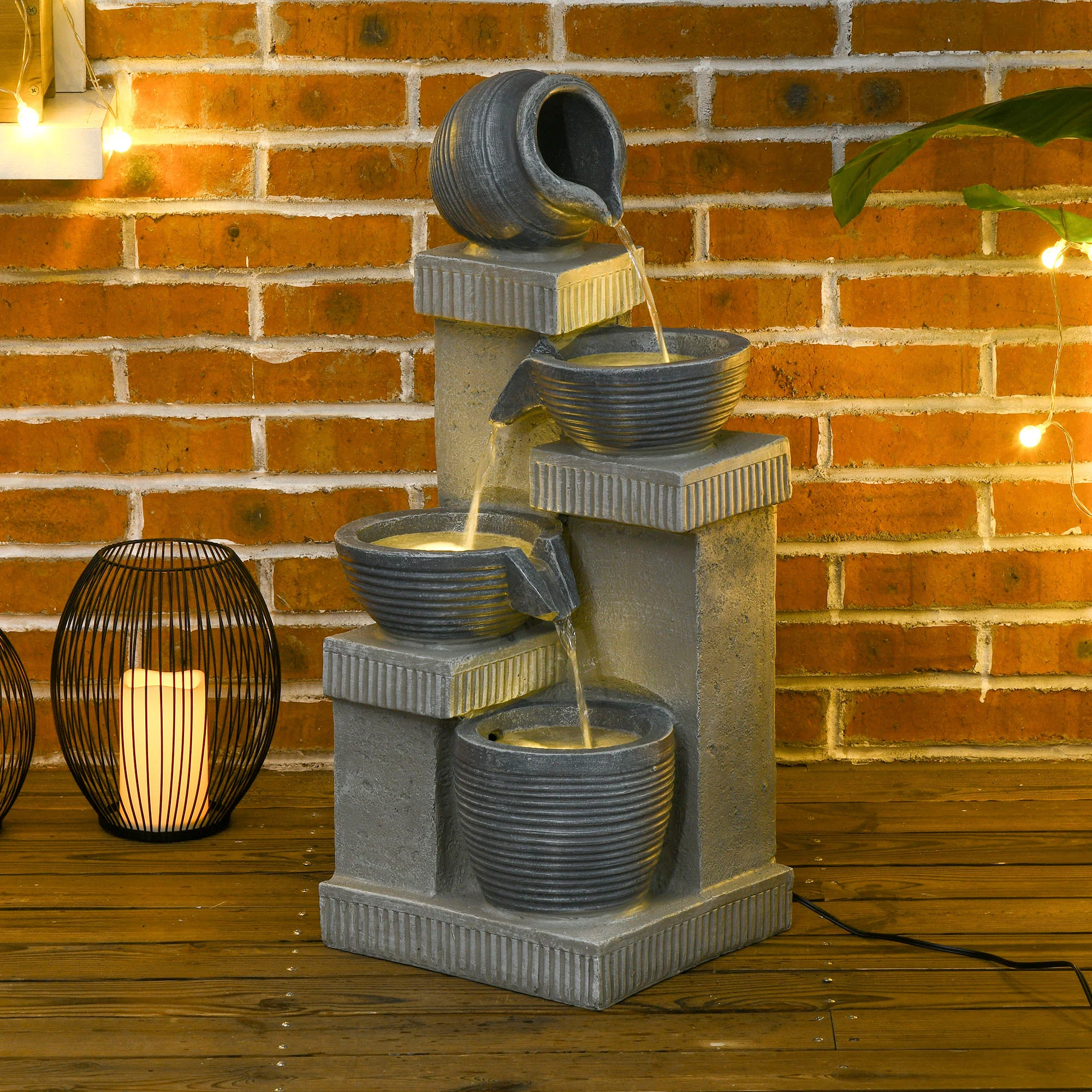 26.4" Resin Jar and Bowls Cascading Water Fountain with 4-Tier, LED Lights & Adjustable Flow - Image 10