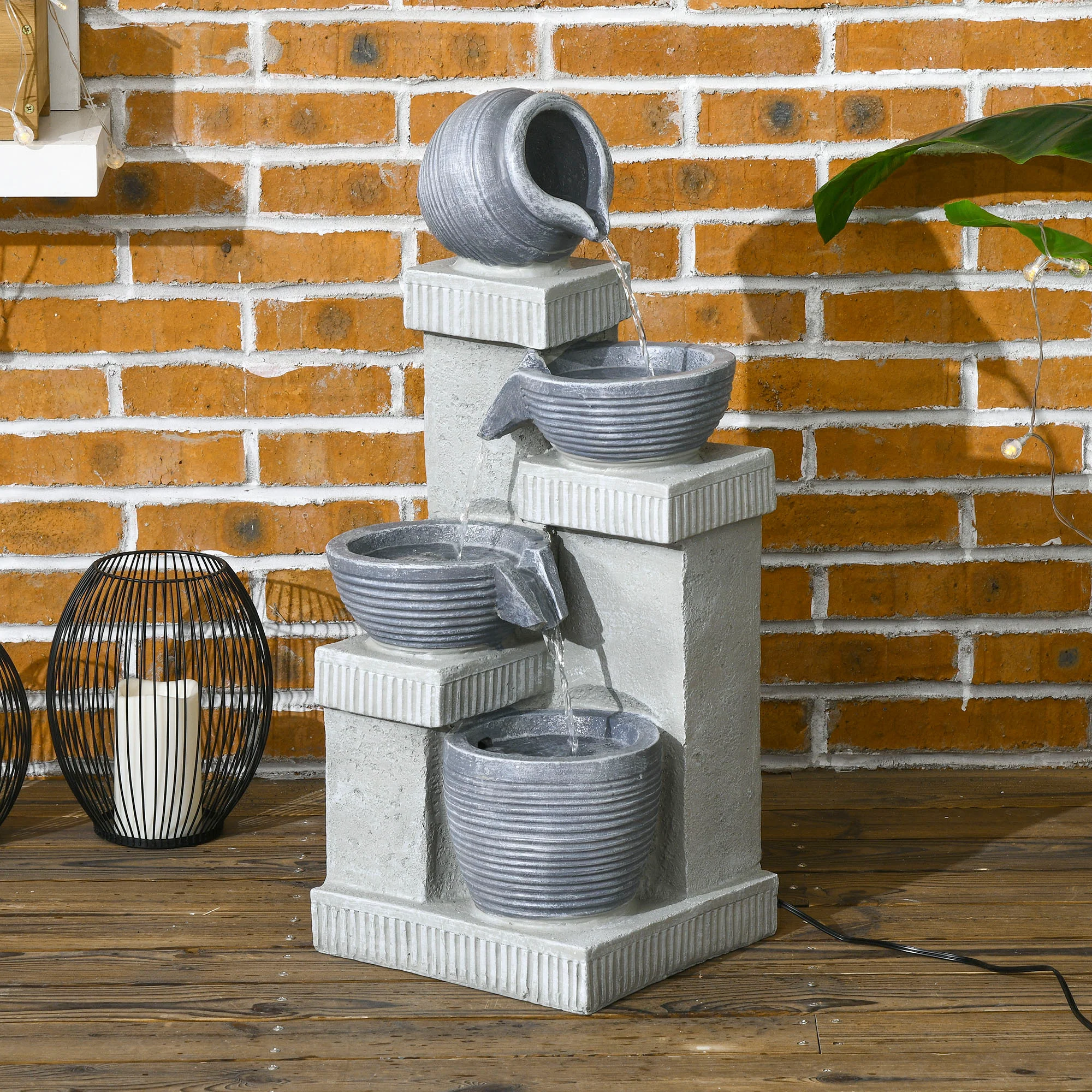 26.4" Resin Jar and Bowls Cascading Water Fountain with 4-Tier, LED Lights & Adjustable Flow - Image 3
