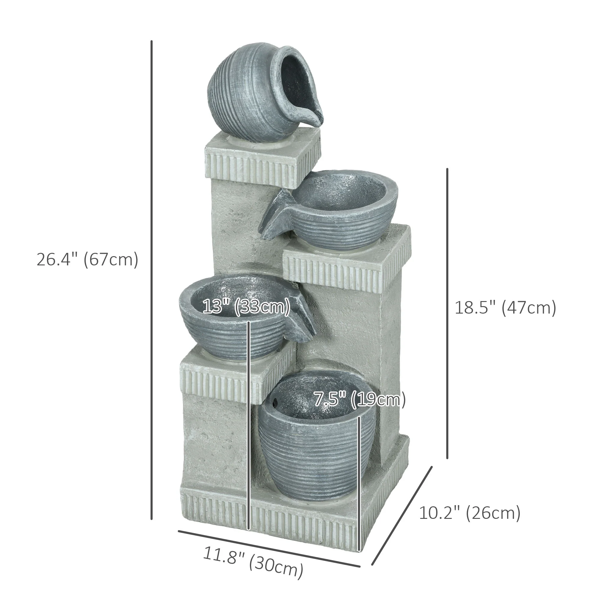 26.4" Resin Jar and Bowls Cascading Water Fountain with 4-Tier, LED Lights & Adjustable Flow - Image 5