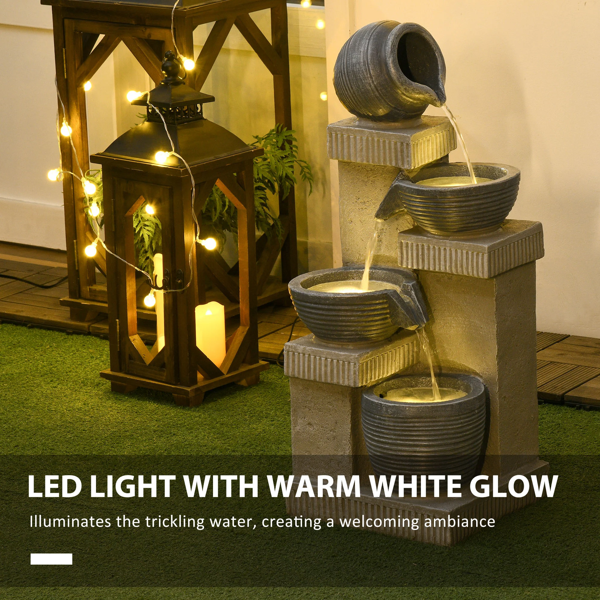 26.4" Resin Jar and Bowls Cascading Water Fountain with 4-Tier, LED Lights & Adjustable Flow - Image 6
