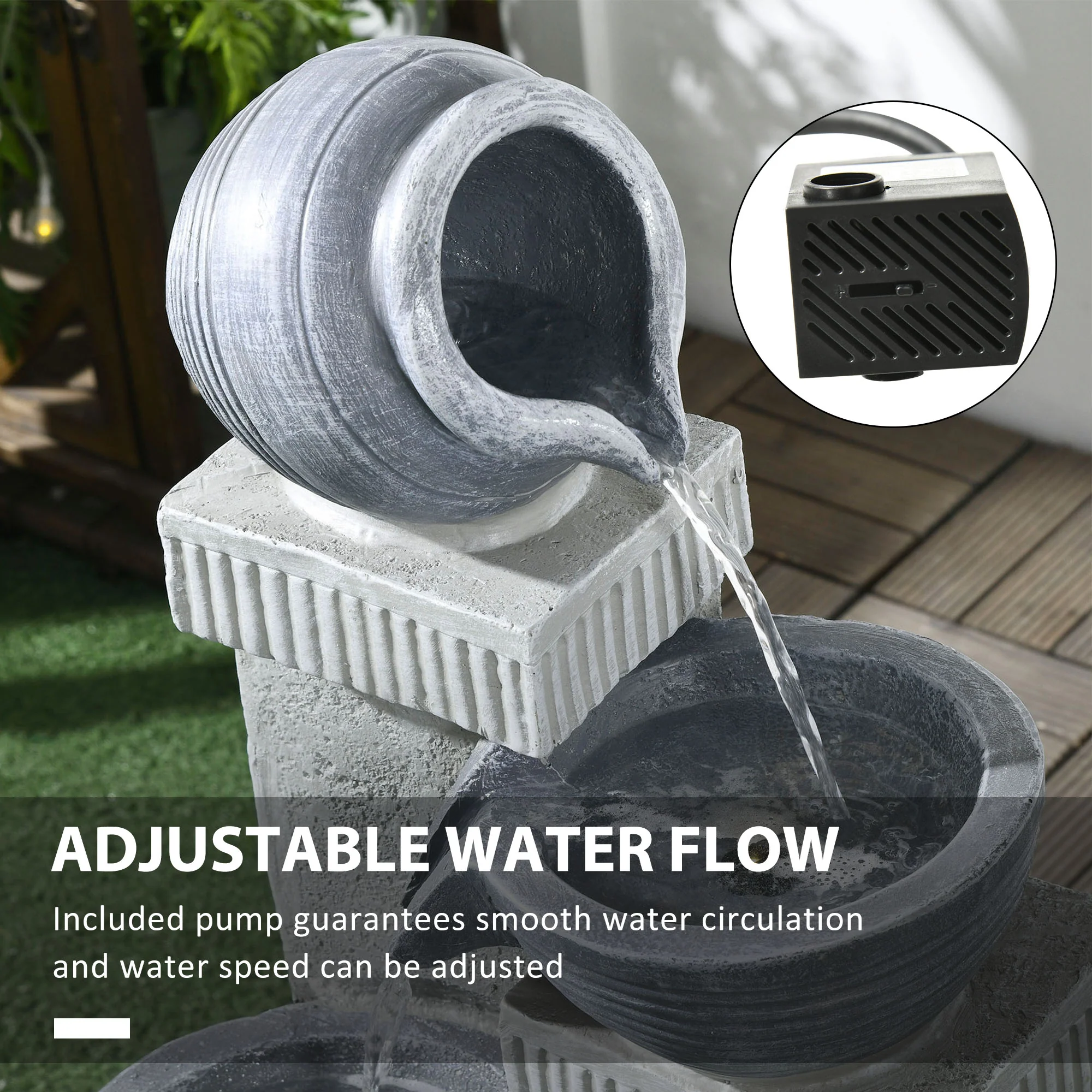 26.4" Resin Jar and Bowls Cascading Water Fountain with 4-Tier, LED Lights & Adjustable Flow - Image 7