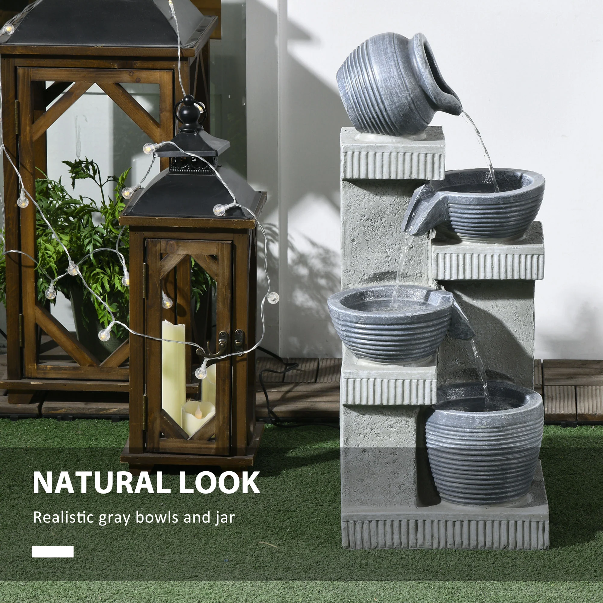 26.4" Resin Jar and Bowls Cascading Water Fountain with 4-Tier, LED Lights & Adjustable Flow - Image 8