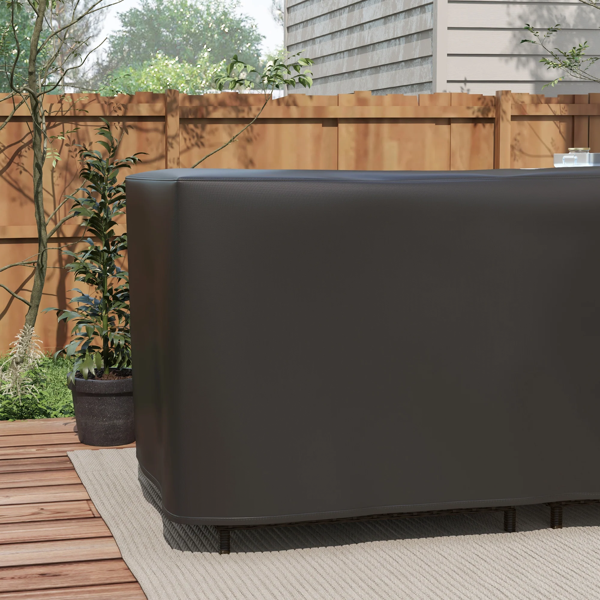L-Shaped 420D Oxford Fabric Rattan Corner Sofa Cover with PU Coating, Black, 250x250x79cm - Image 11