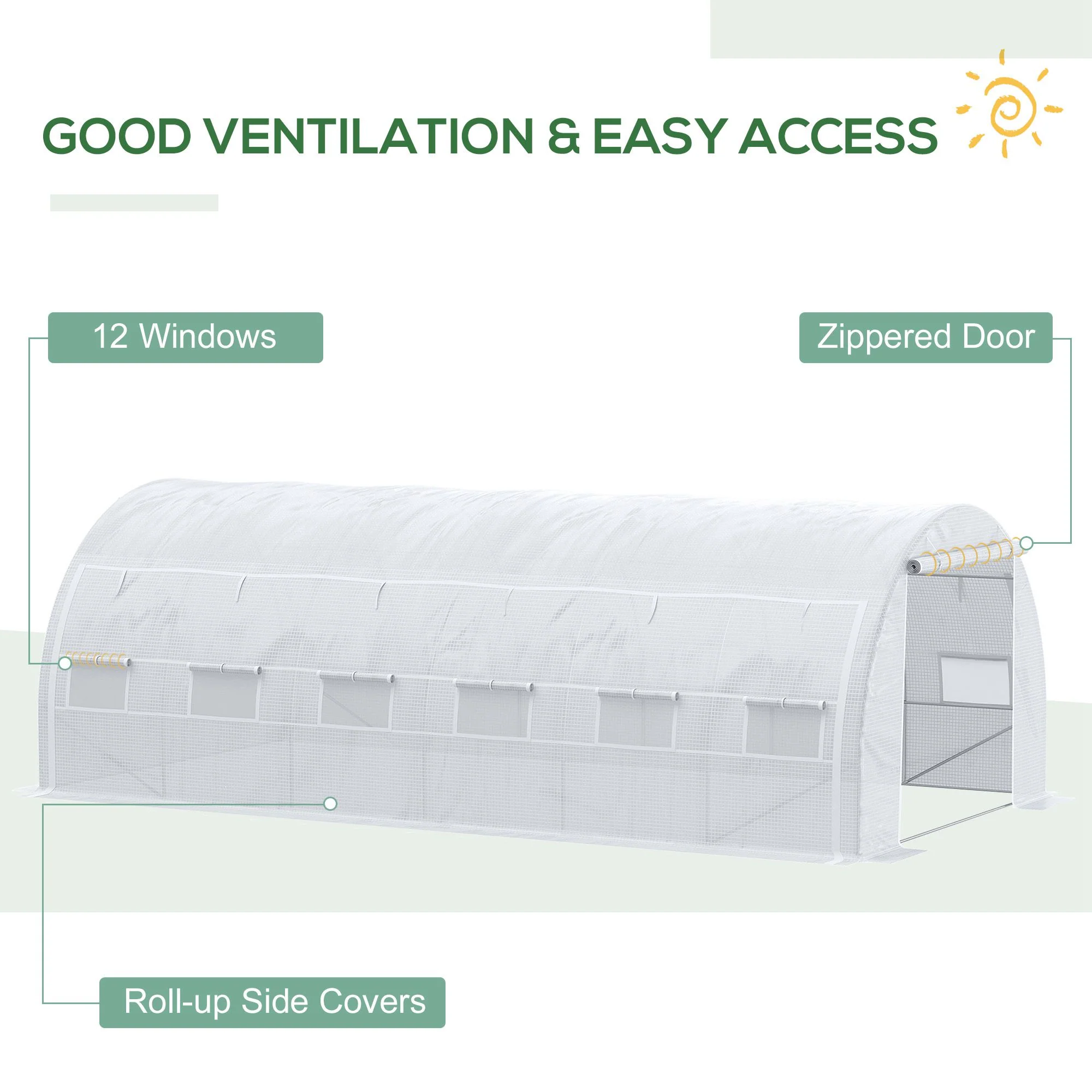 Large Walk-in Greenhouse, 20'x10'x6' Tunnel Greenhouse with Zippered Door and 12 Roll-up Windows, Outdoor Green House for Garden Plant, White - Image 7
