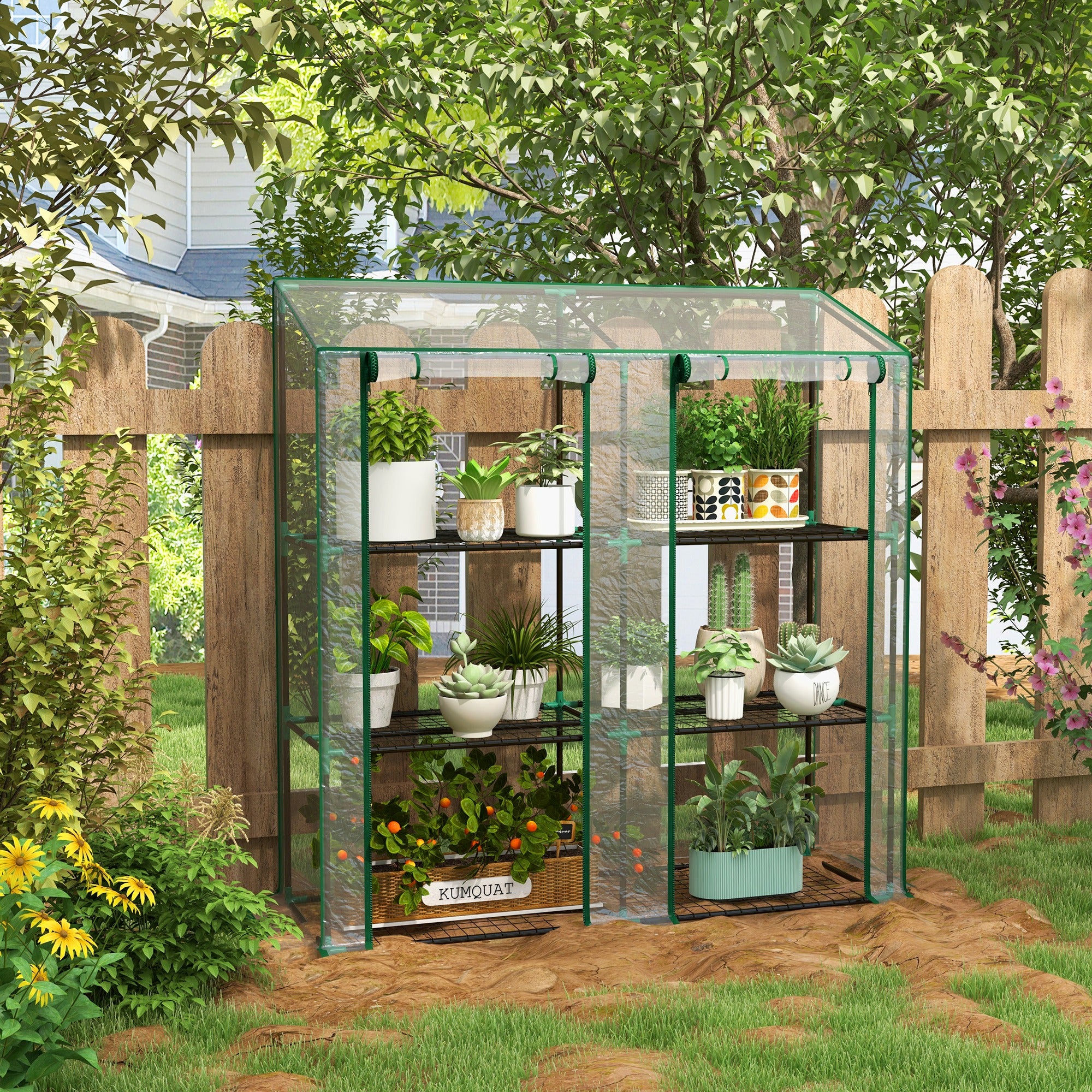 Portable Lean-to Greenhouse with Shelves & Roll-Up Doors - Image 3