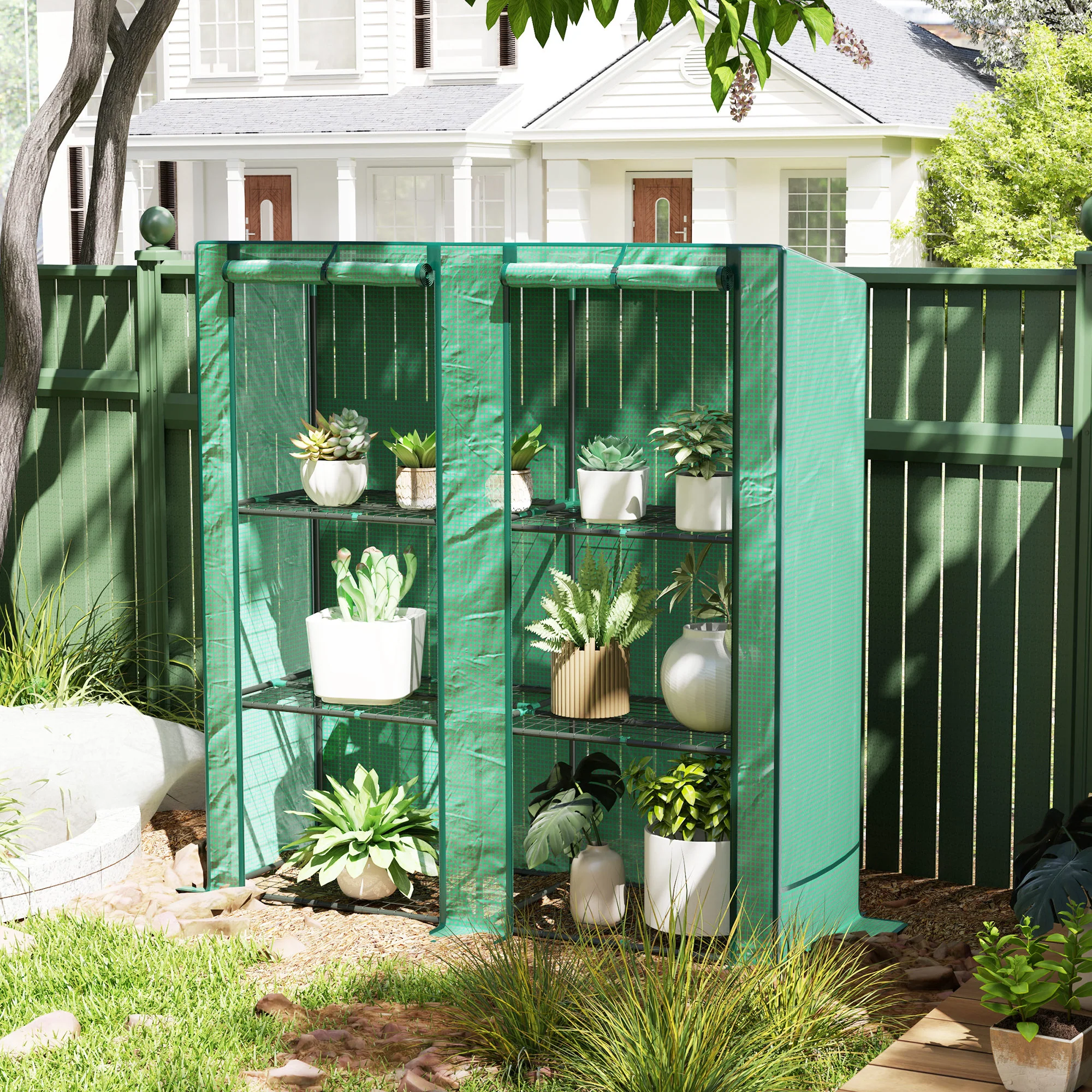Portable Lean-to Greenhouse with Shelves & Roll-Up Doors - Image 3