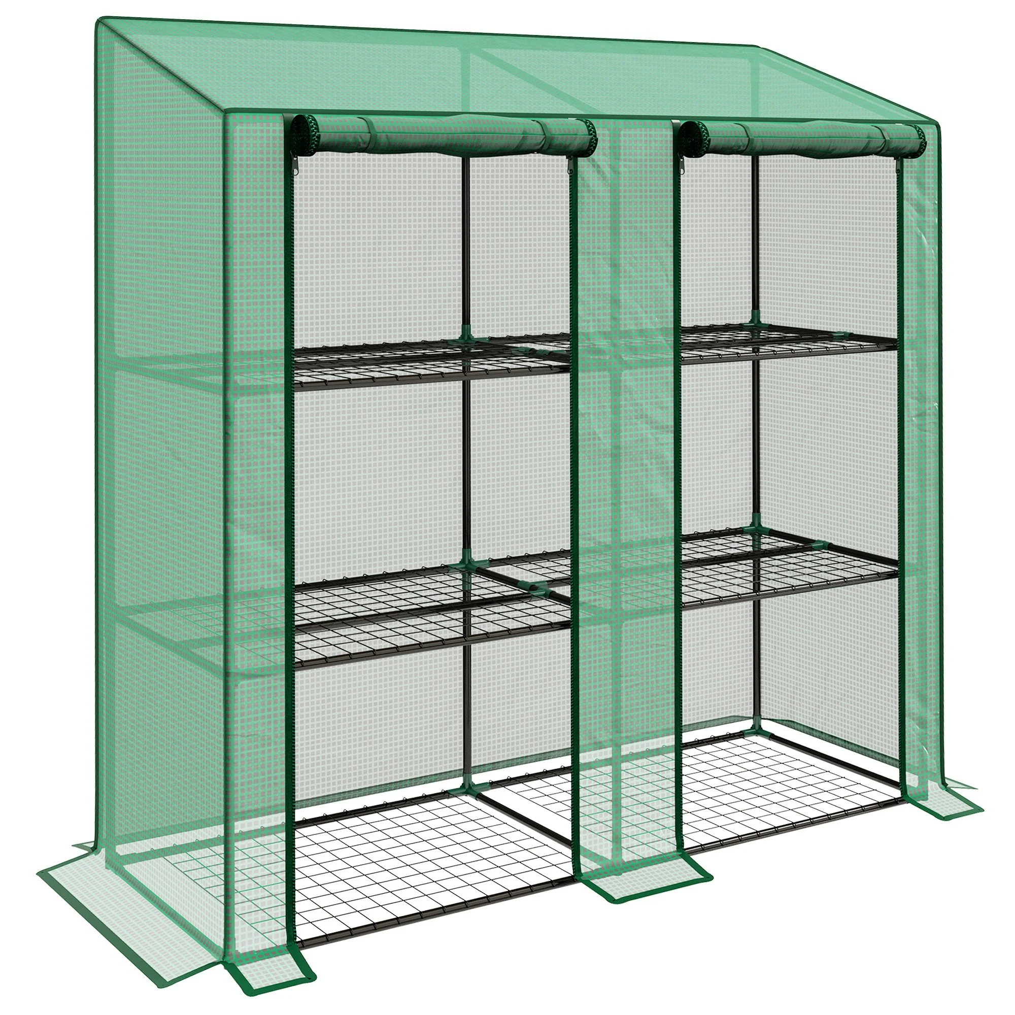 Lean-to Greenhouse with 3 Shelves & 2 Roll-up Doors, 56.3" x 18.1" x 59.4", Green