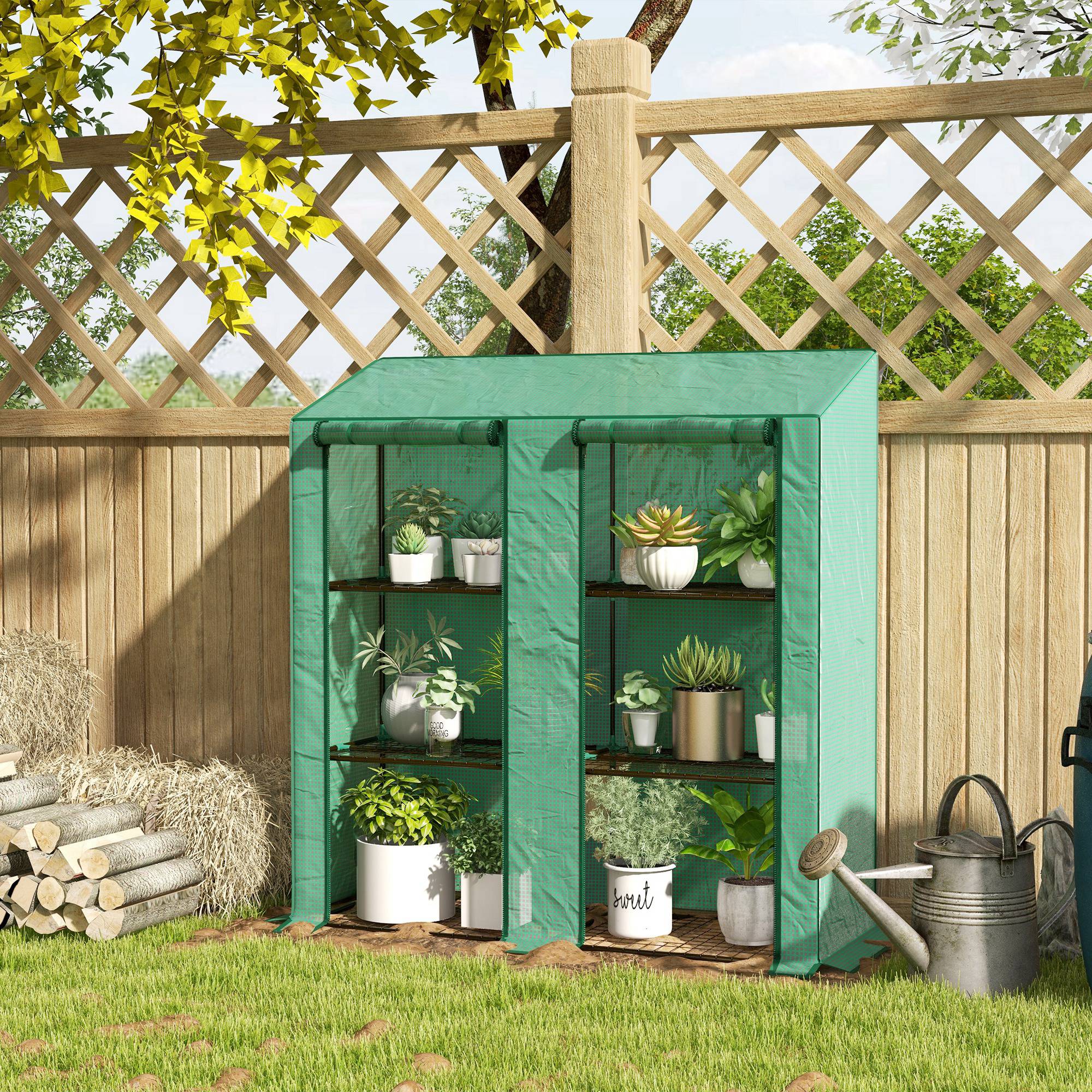 Lean-to Greenhouse with 3 Shelves & 2 Roll-up Doors, 56.3" x 18.1" x 59.4", Green - Image 4