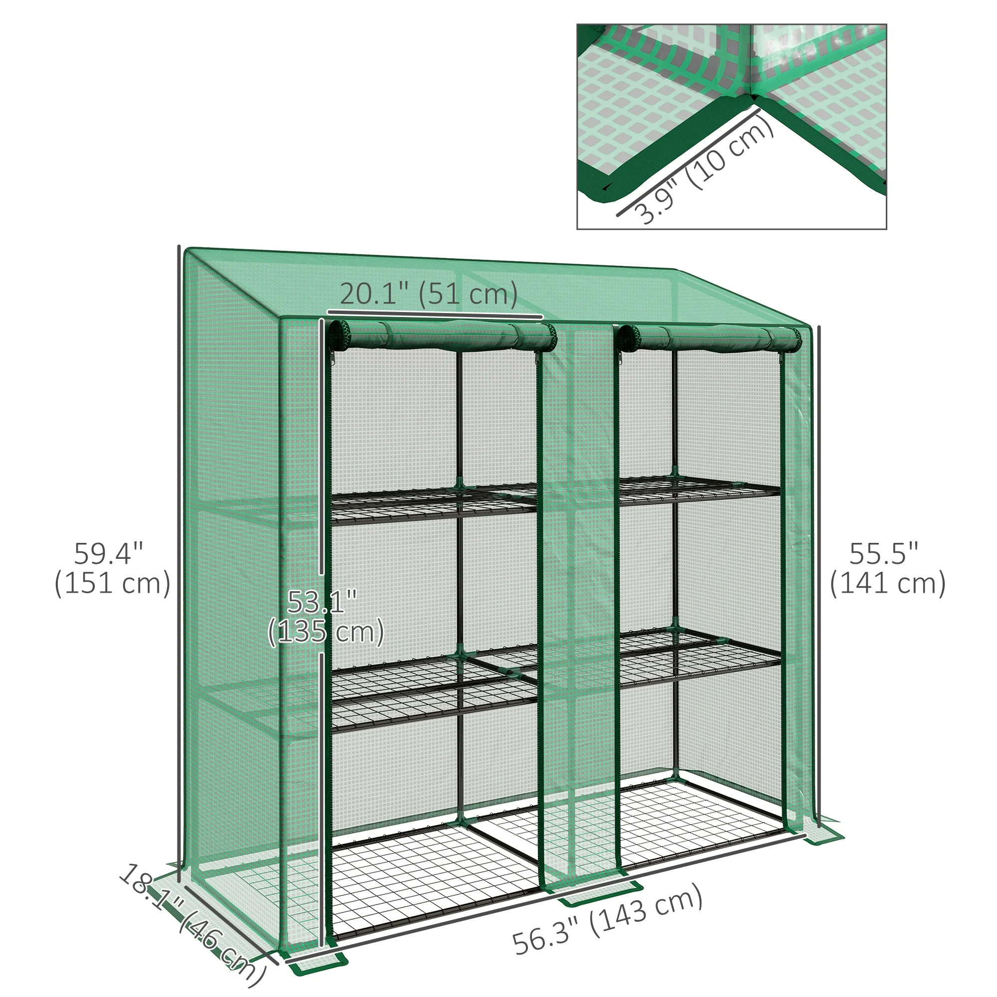 Lean-to Greenhouse with 3 Shelves & 2 Roll-up Doors, 56.3" x 18.1" x 59.4", Green - Image 5