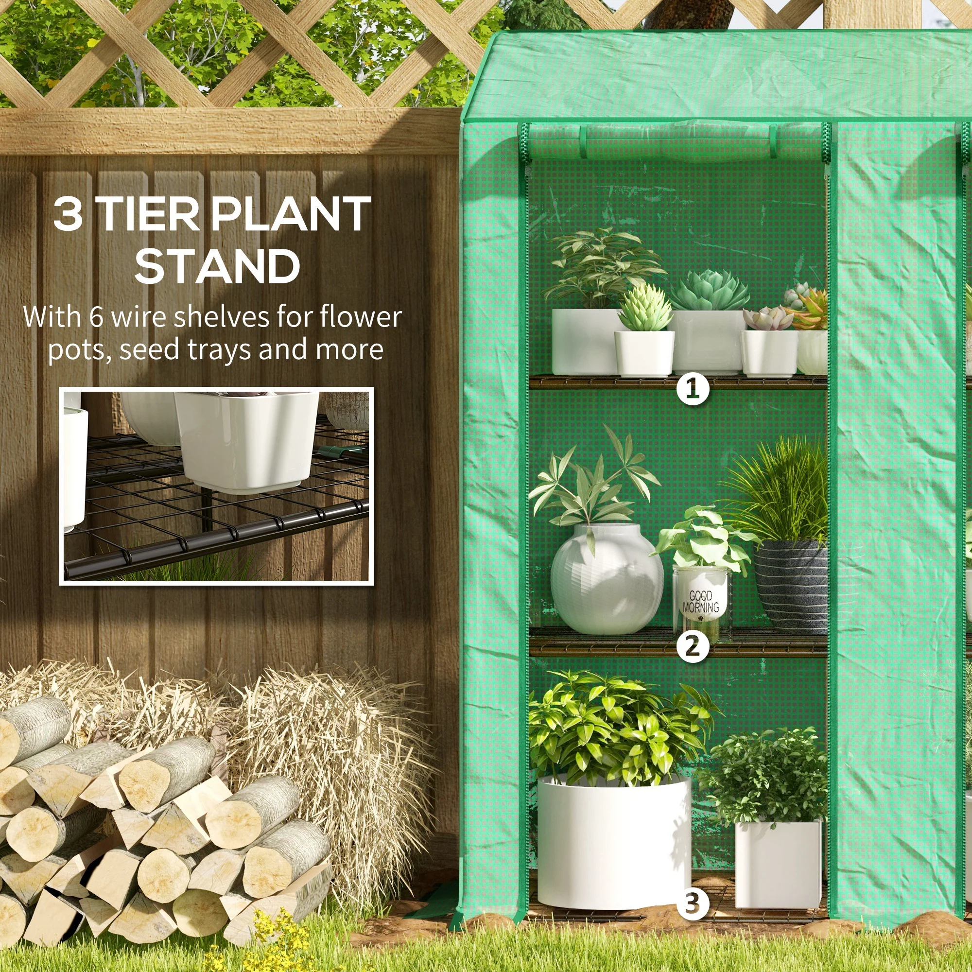 Lean-to Greenhouse with 3 Shelves & 2 Roll-up Doors, 56.3" x 18.1" x 59.4", Green - Image 7