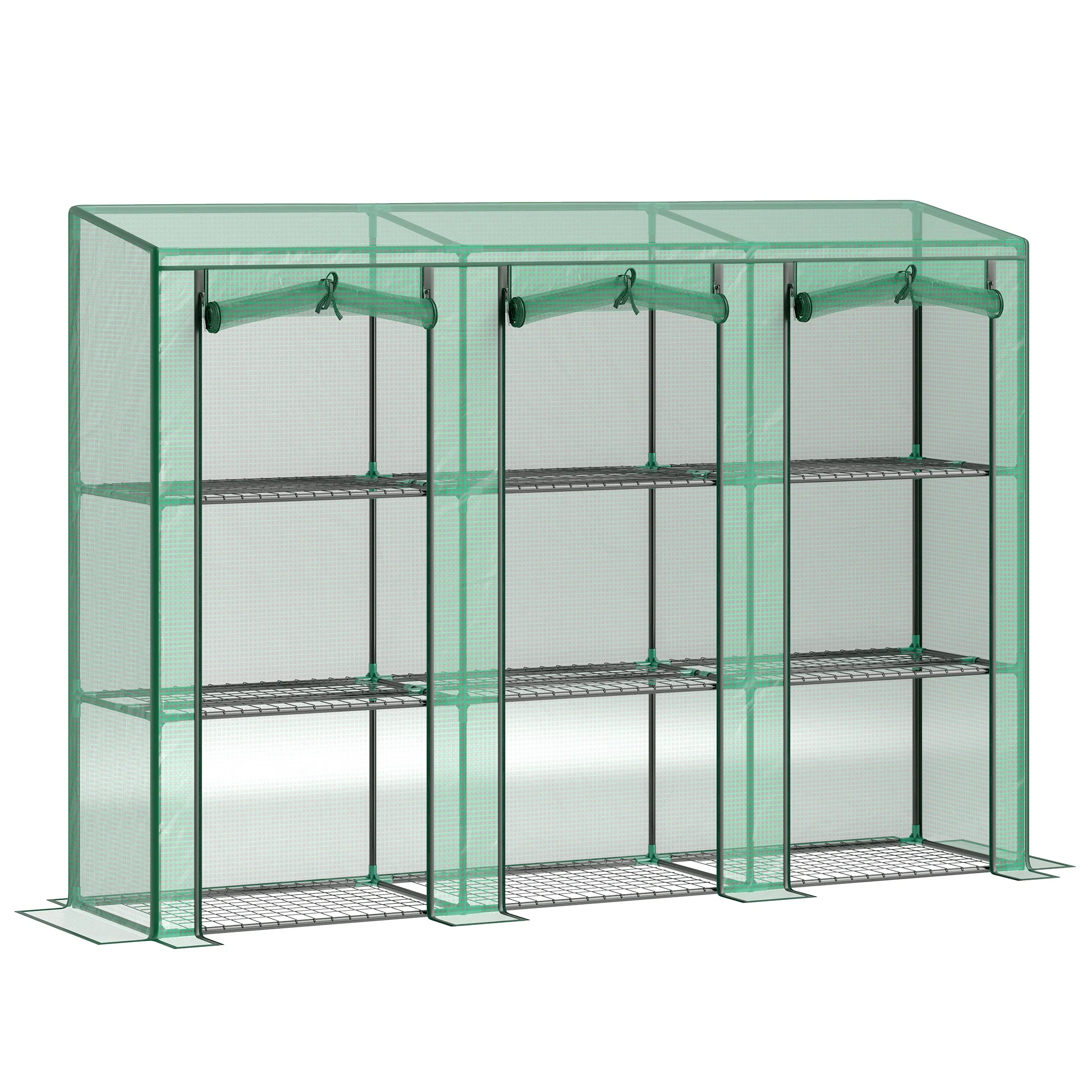 Lean-to Mini Greenhouse with 3 Tier Shelves & 3 Roll-Up Doors, 84.6" x 18.1" x 56.7", Green - Image 2