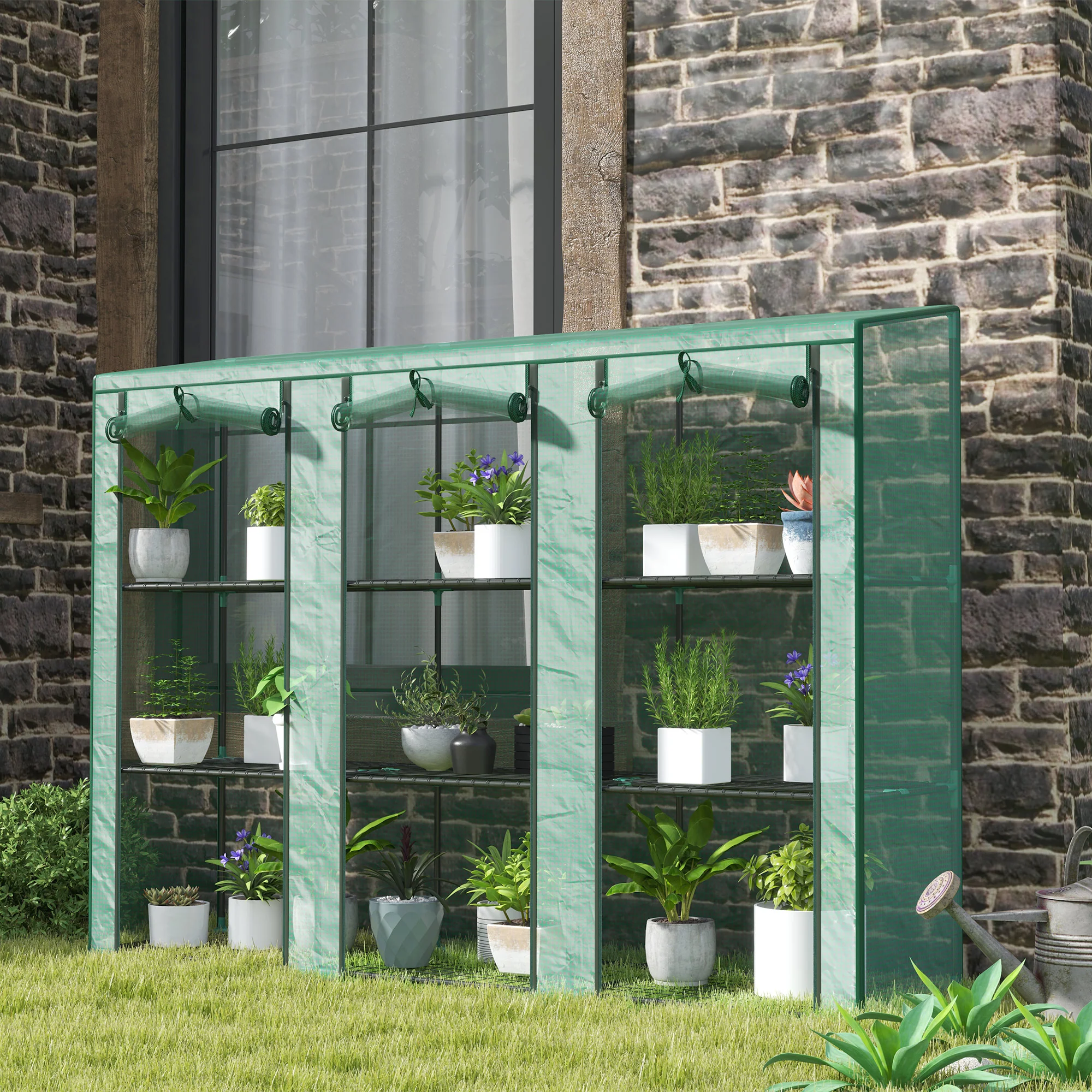 Lean-to Mini Greenhouse with 3 Tier Shelves & 3 Roll-Up Doors, 84.6" x 18.1" x 56.7", Green - Image 4