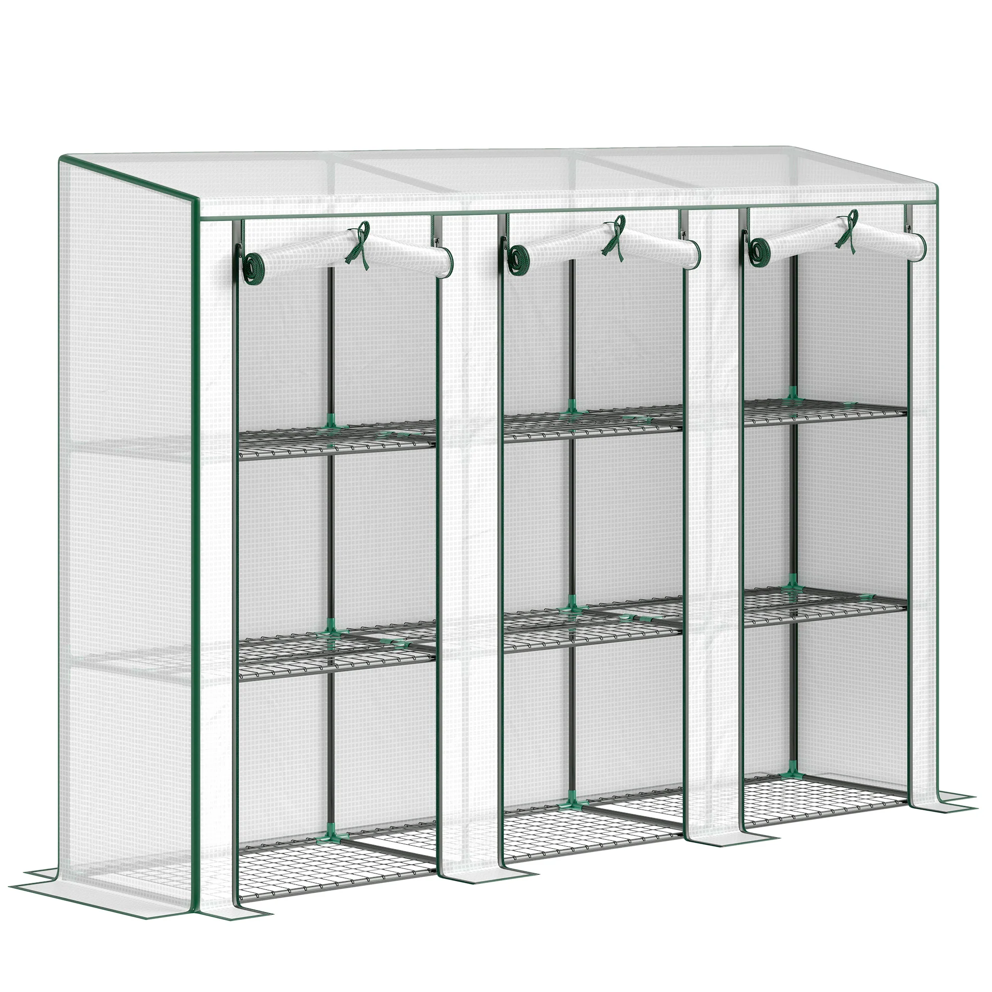 Lean-to Mini Greenhouse with 3 Tier Shelves & 3 Roll-Up Doors, 84.6" x 18.1" x 56.7", White