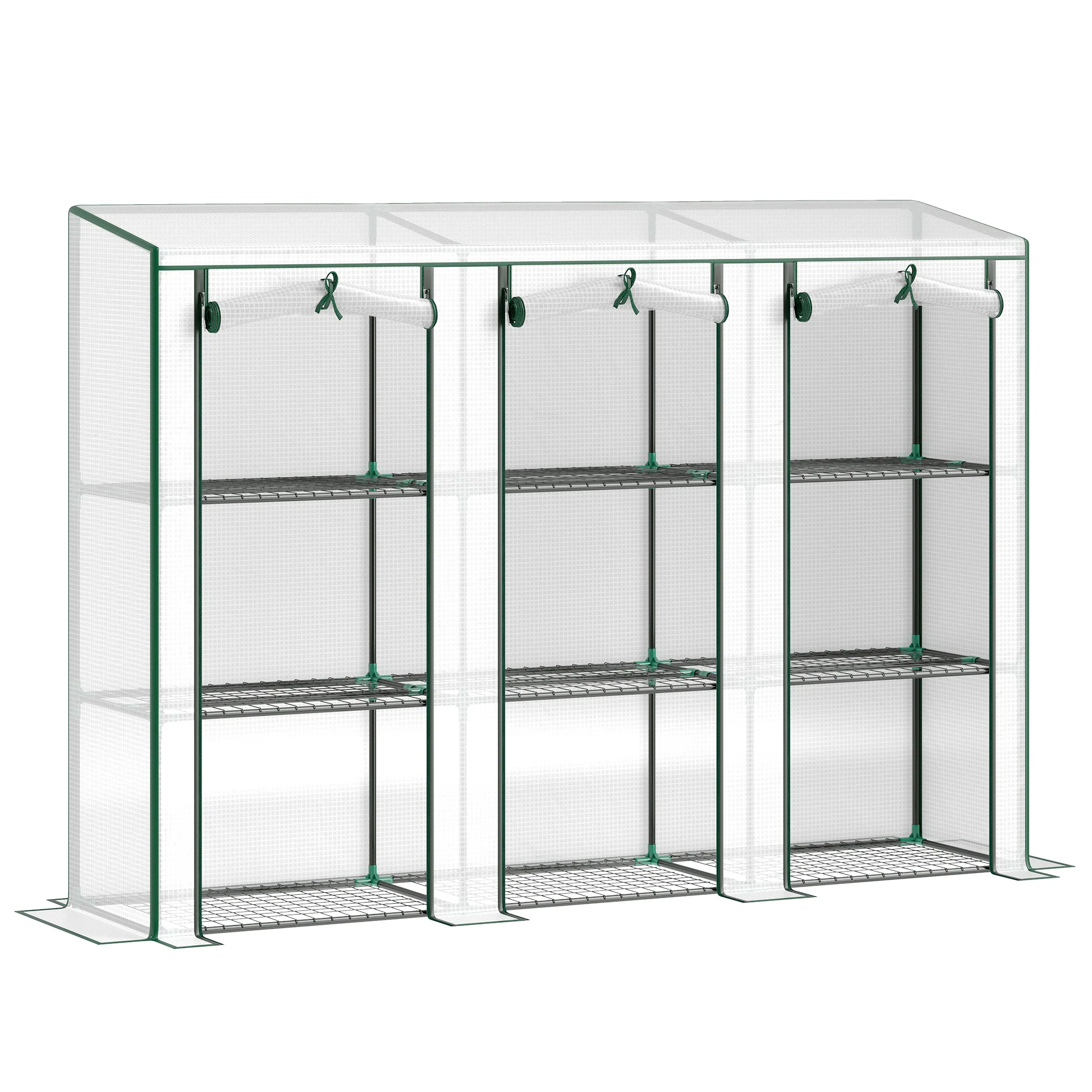 Lean-to Mini Greenhouse with 3 Tier Shelves & 3 Roll-Up Doors, 84.6" x 18.1" x 56.7", White - Image 2