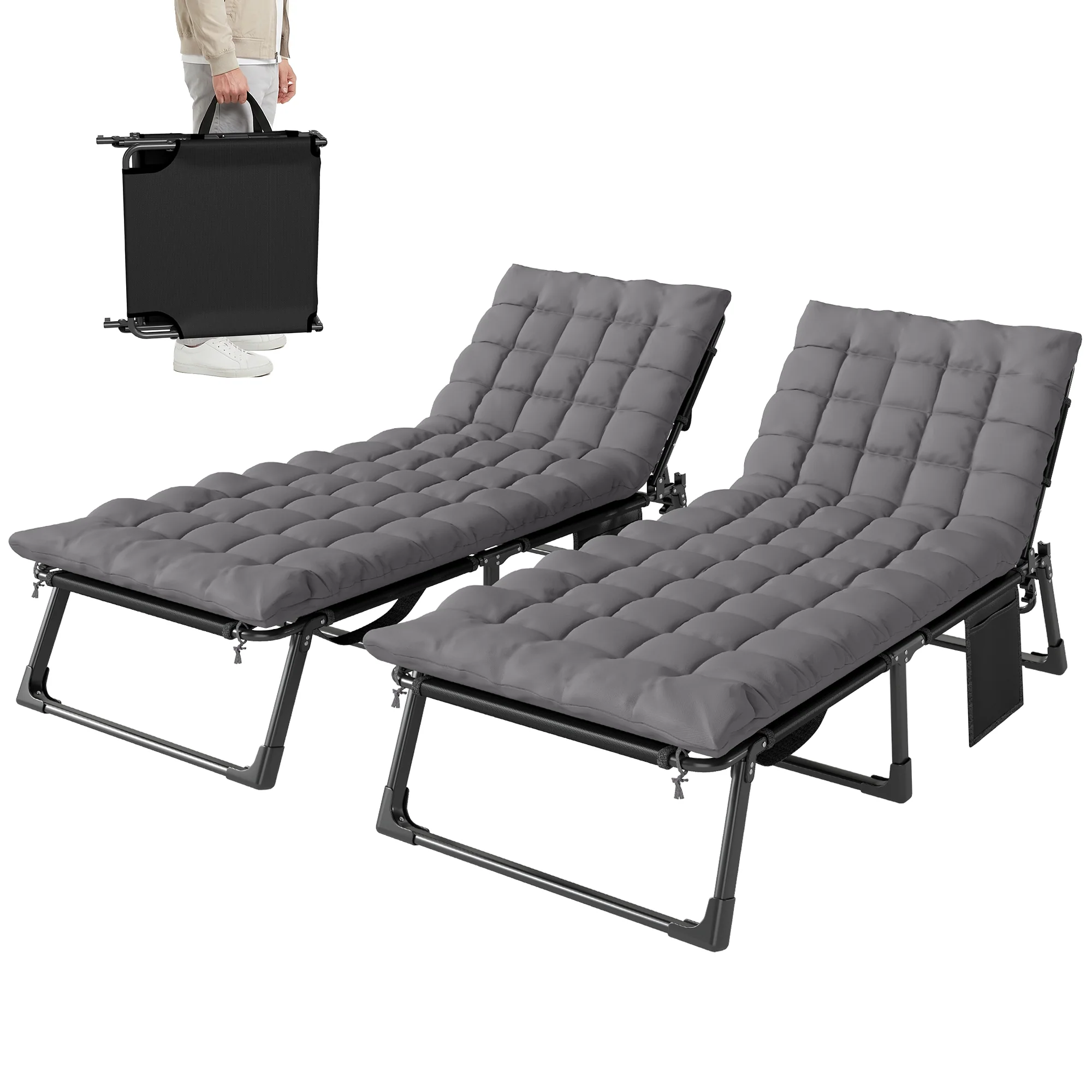 Set of 2 Folding Lounge Chairs, 75 cm Wide with Cushion and Side Pocket, Dark Grey