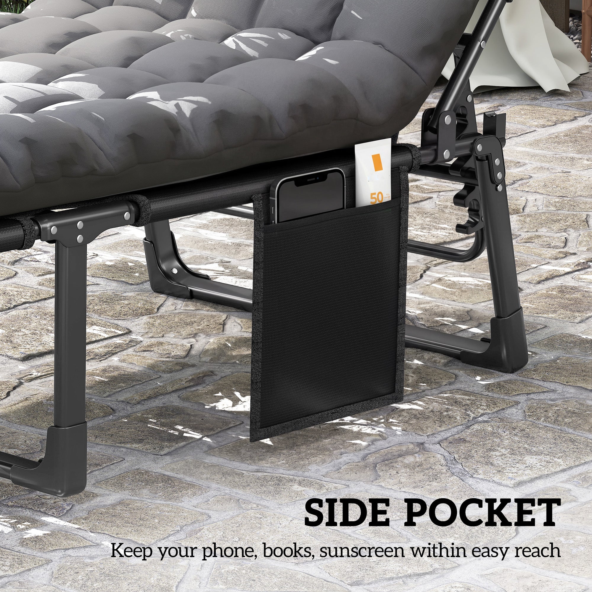 Set of 2 Folding Lounge Chairs, 75 cm Wide with Cushion and Side Pocket, Dark Grey - Image 10
