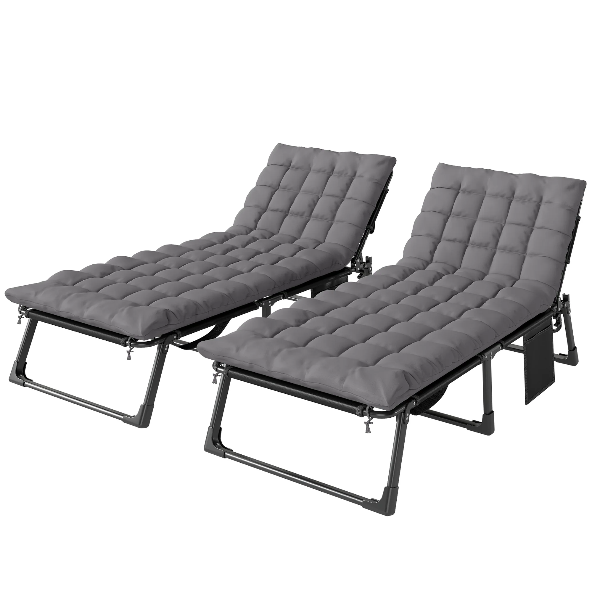 Set of 2 Folding Lounge Chairs, 75 cm Wide with Cushion and Side Pocket, Dark Grey - Image 12