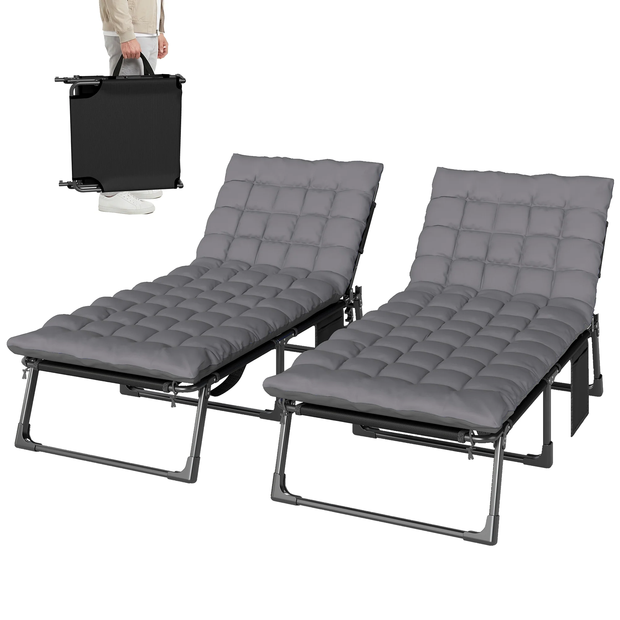 Set of 2 Folding Lounge Chairs, 75 cm Wide with Cushion and Side Pocket, Dark Grey - Image 2