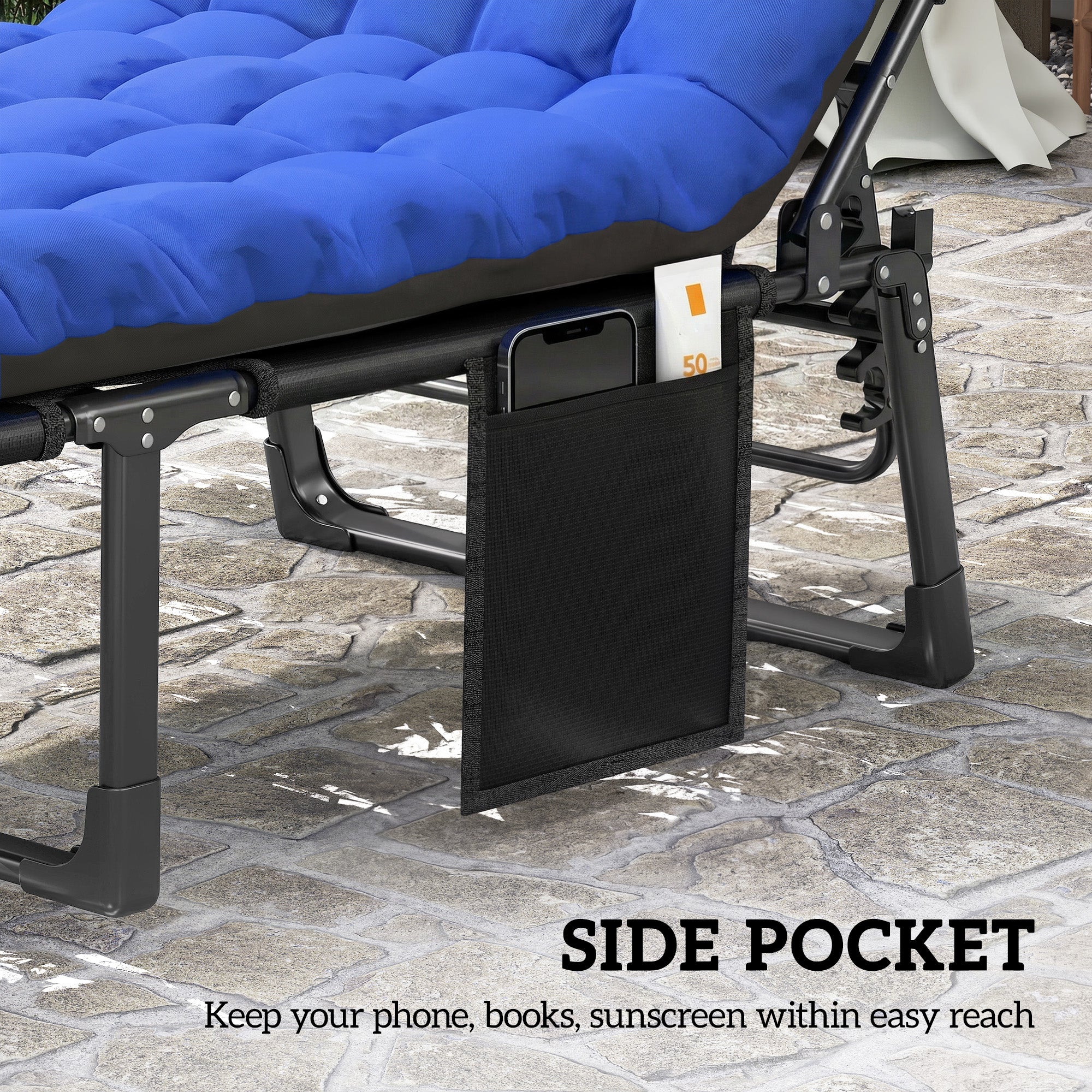 Set of 2 Folding Lounge Chairs, 75 cm Wide with Cushion and Side Pocket, Dark Grey/Blue - Image 10