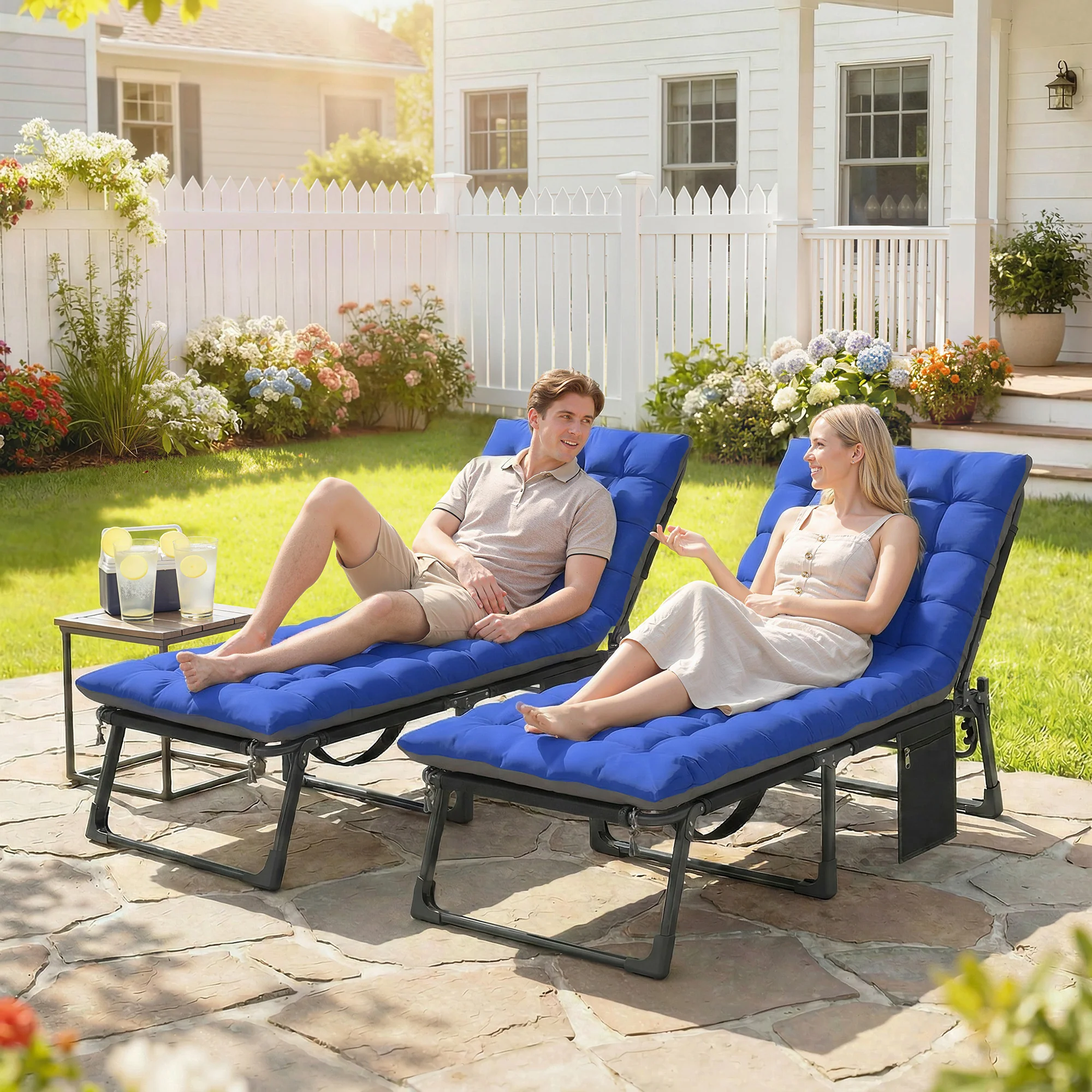 Set of 2 Folding Lounge Chairs, 75 cm Wide with Cushion and Side Pocket, Dark Grey/Blue - Image 3