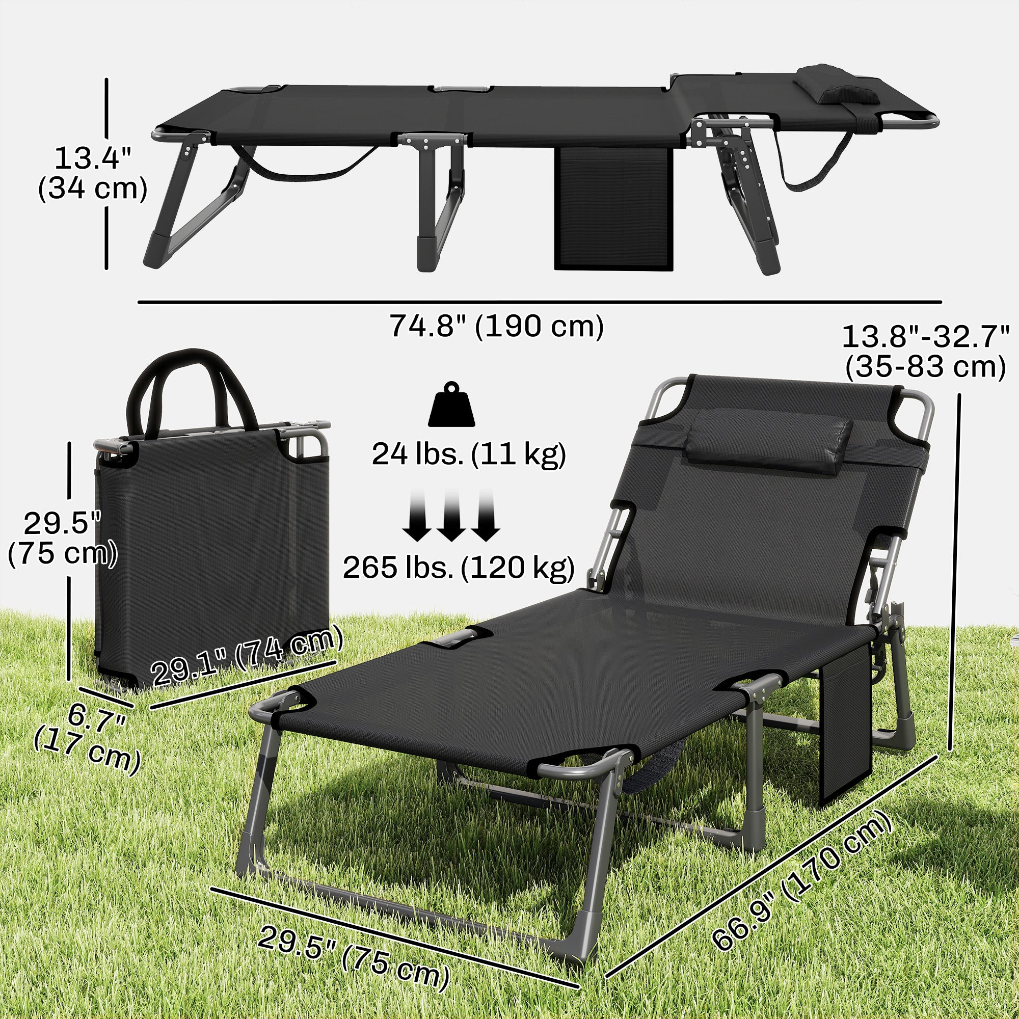 Set of 2 Folding Lounge Chairs, 75 cm Wide with Cushion and Side Pocket, Dark Grey/Blue - Image 5