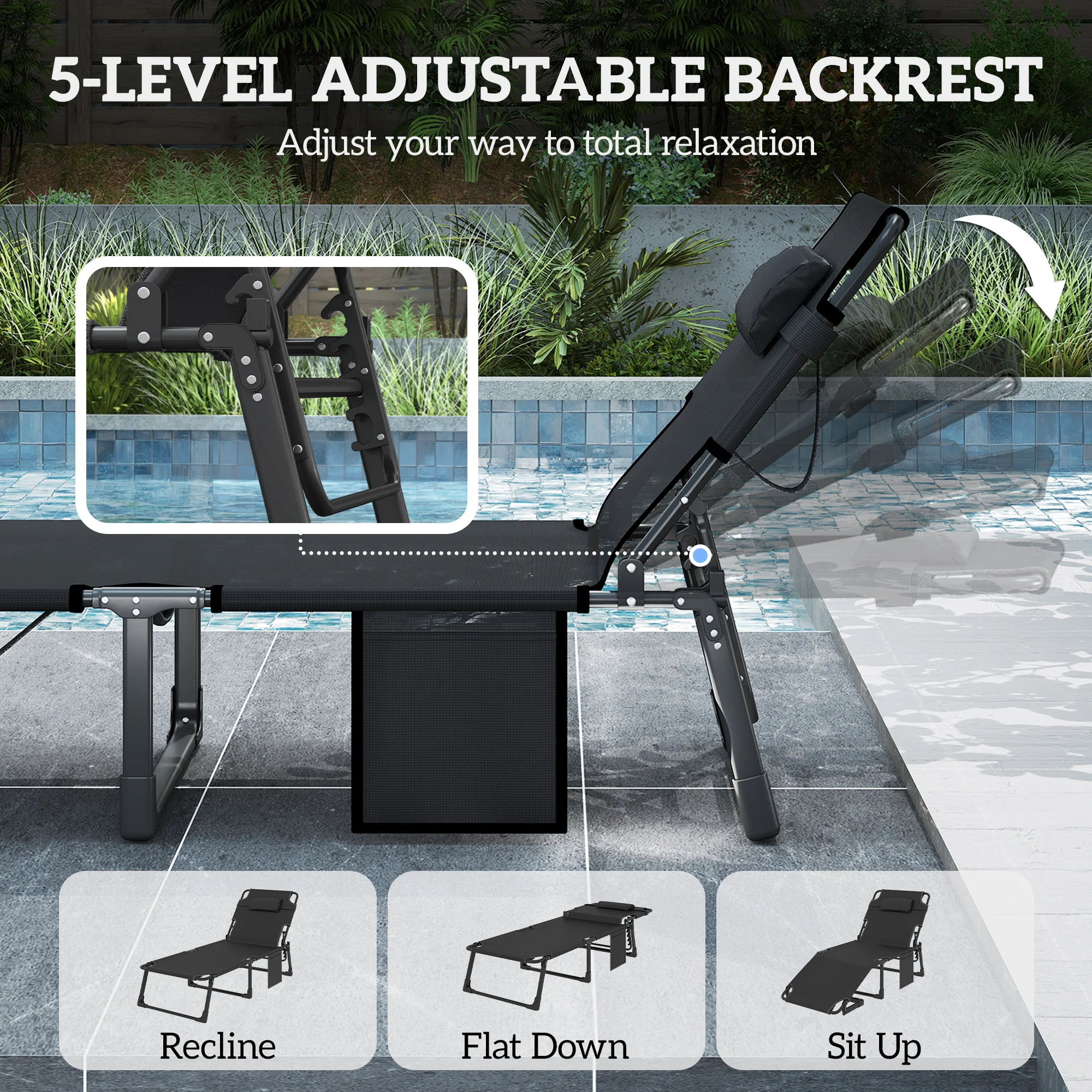 Set of 2 Folding Lounge Chairs, 75 cm Wide with Cushion and Side Pocket, Dark Grey/Blue - Image 6