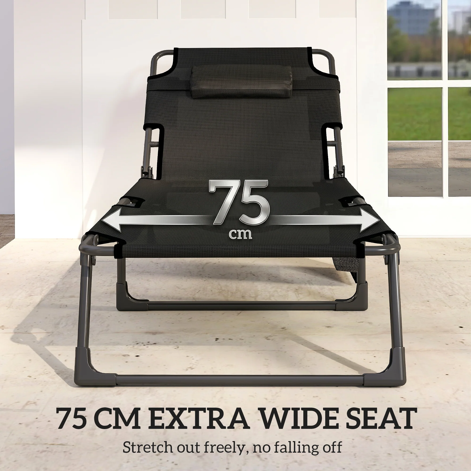 Set of 2 Folding Lounge Chairs, 75 cm Wide with Cushion and Side Pocket, Dark Grey/Blue - Image 7