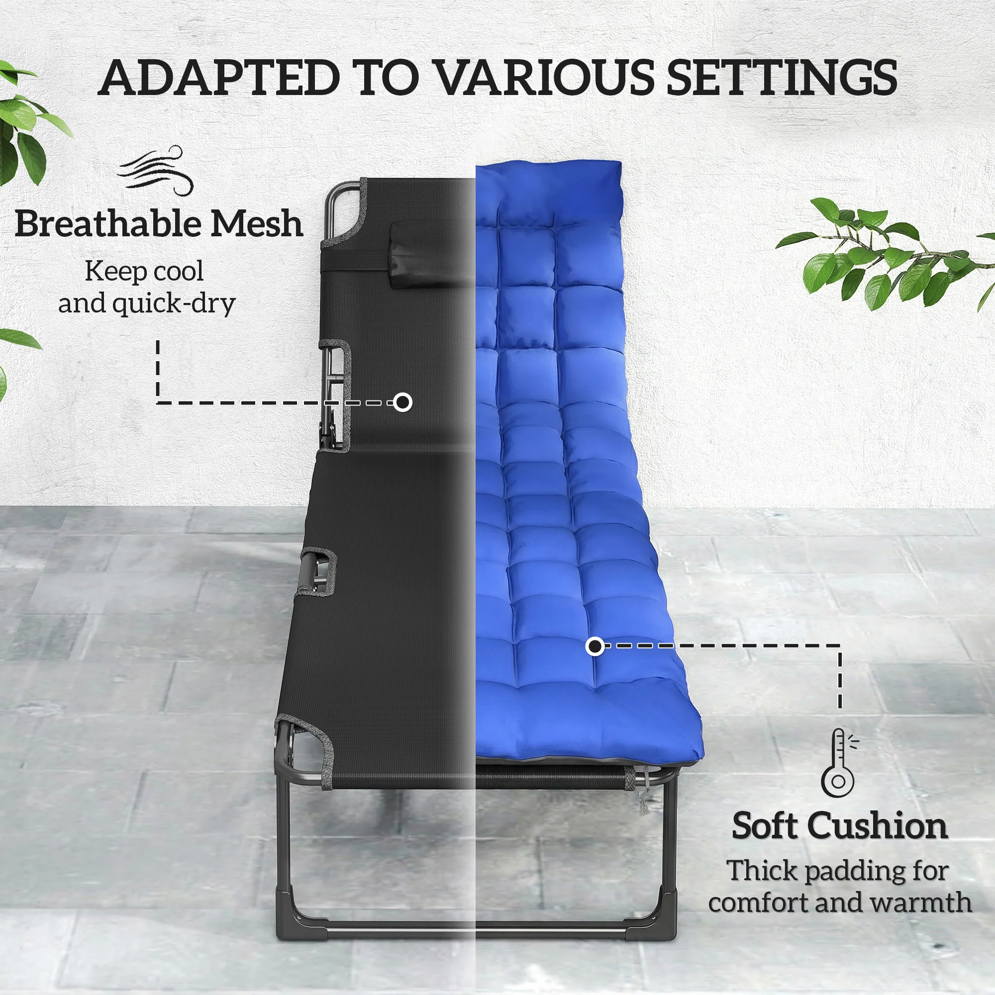 Set of 2 Folding Lounge Chairs, 75 cm Wide with Cushion and Side Pocket, Dark Grey/Blue - Image 8