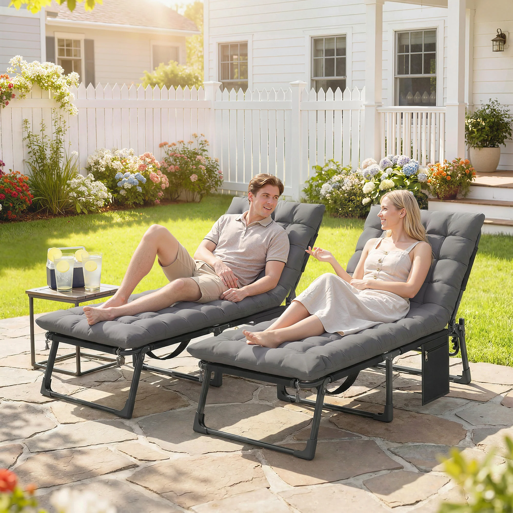 Set of 2 Folding Lounge Chairs, 75 cm Wide with Cushion and Side Pocket, Dark Grey - Image 3